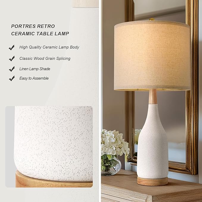 PORTRES PORTRES 27" Ceramic Table Lamps for Bedroom Living Room Vintage Lamp Set of 2 Bedside Nightstand Lamp Large Farmhouse Rustic Boho Retro Modern Table Lamp Light Home Office Desk Deco Gifts, White photo 5