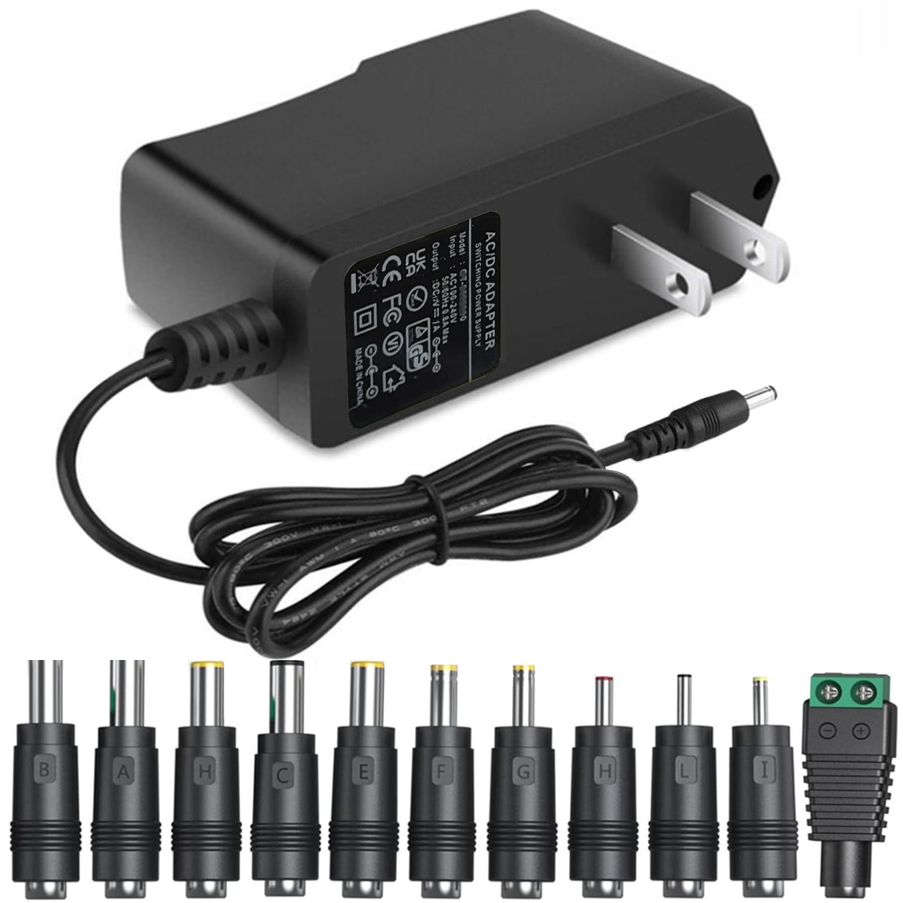 DC12V Power Supply 1A 12V AC Adapter with 11 Changeable DC Plug Tips AC100-240V to DC12V 1000mA 800mA 600mA 500mA 400mA 200mA 100mA Charger Replacement 6FT