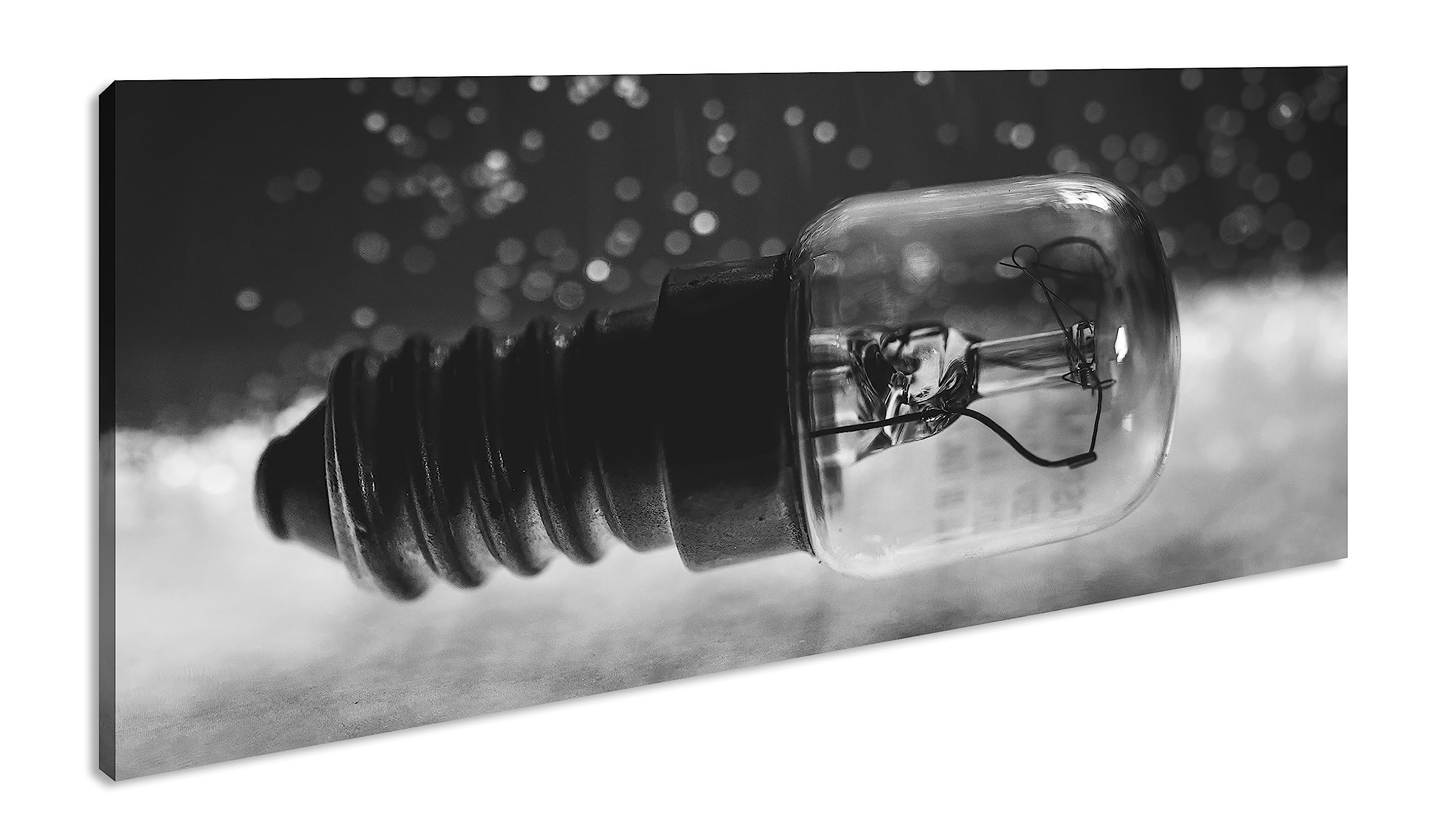 deyoli Bombilla de rosca panorámica 100 x 50 cm, efecto: negro/blanco como lienzo, diseño enmarcado sobre marco de madera auténtica, impresión digital de alta calidad con marco