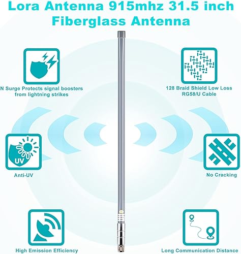Miniatura 5 de 915MHZ LoRa Antena Gateway Antena impermeable 5.8 dbi 915Mhz Fibra de vidrio Lorawan Omni Antena con cable de baja pérdida de 16.4 pies Pararrayos