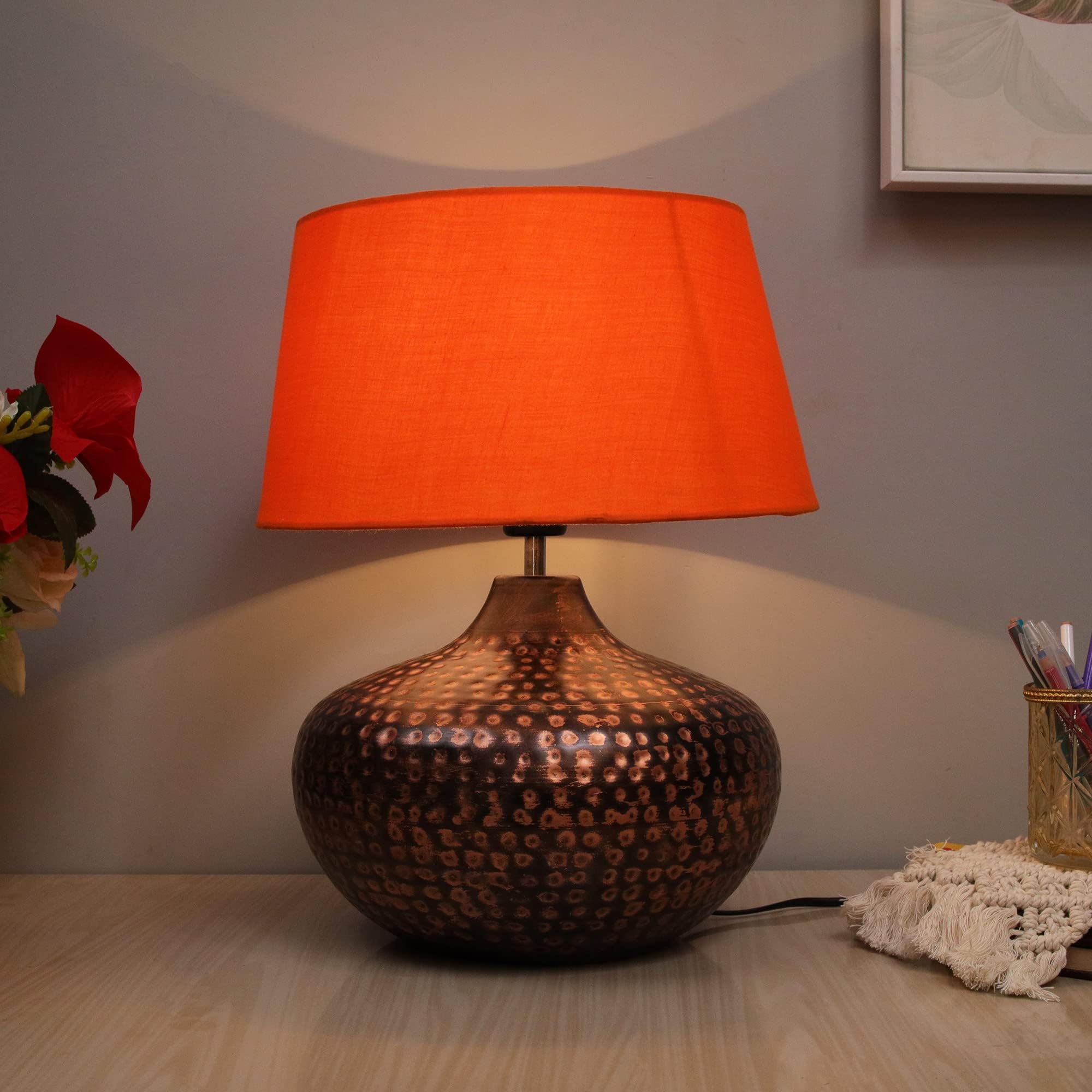 Homesake® Antique Hammered Table Lamp Oil-Rubbed Bronze Metal Linen Drum Shade for Living Room Family Bedroom, (Gourd, Orange)