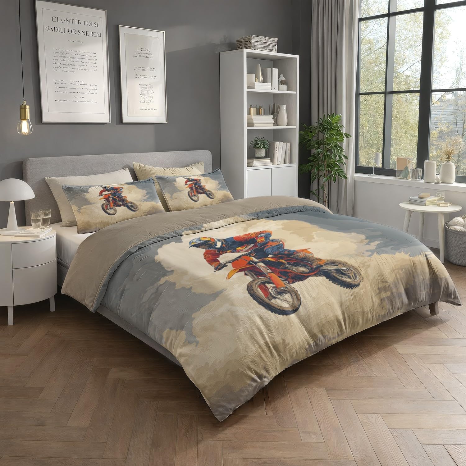Beżowa Nowoczesna Mgła Motocyklowa Poszwa na kołdrę 180 x 220 cm, Anime Miękka mikrofibra Dwustronny zestaw pościeli z zamkiem błyskawicznym 3-częściowy z 2 poszewkami na poduszki