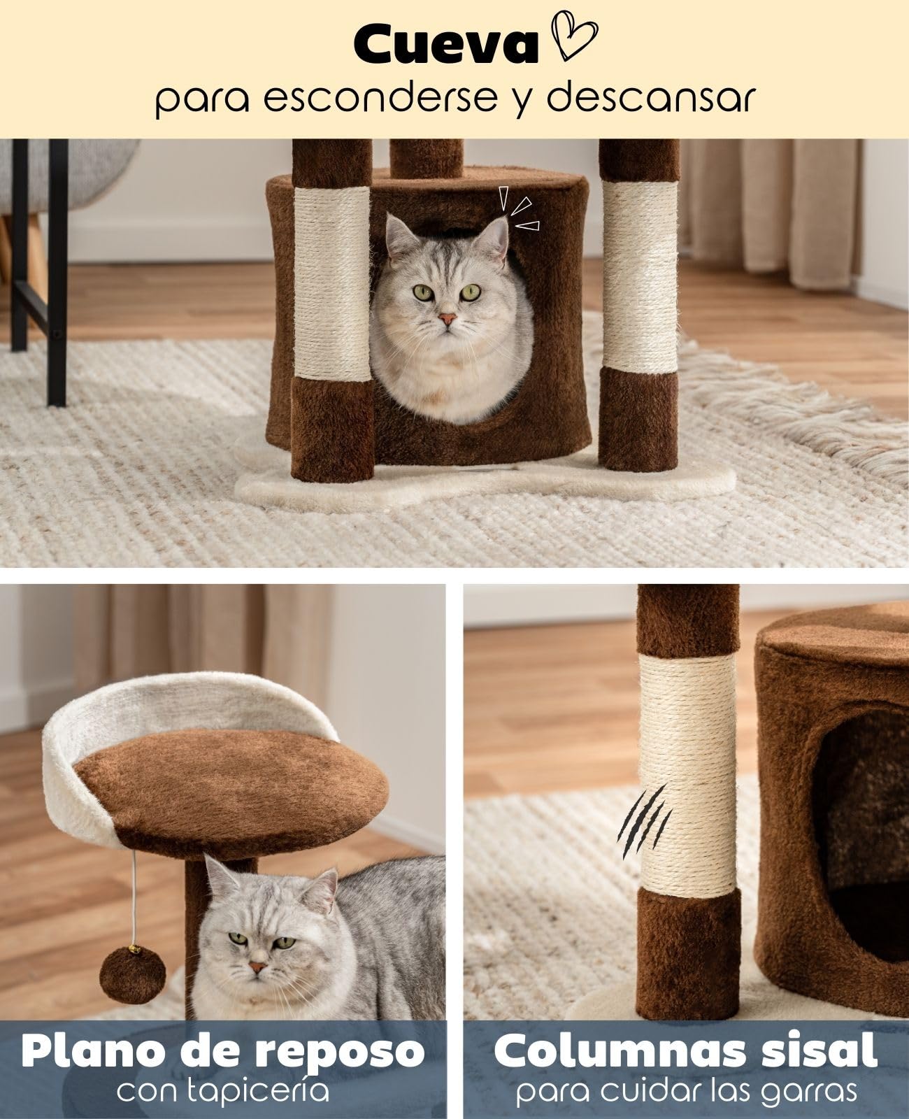 lionto Árbol rascador para Gatos Altura 65 cm, Marrón/Beige