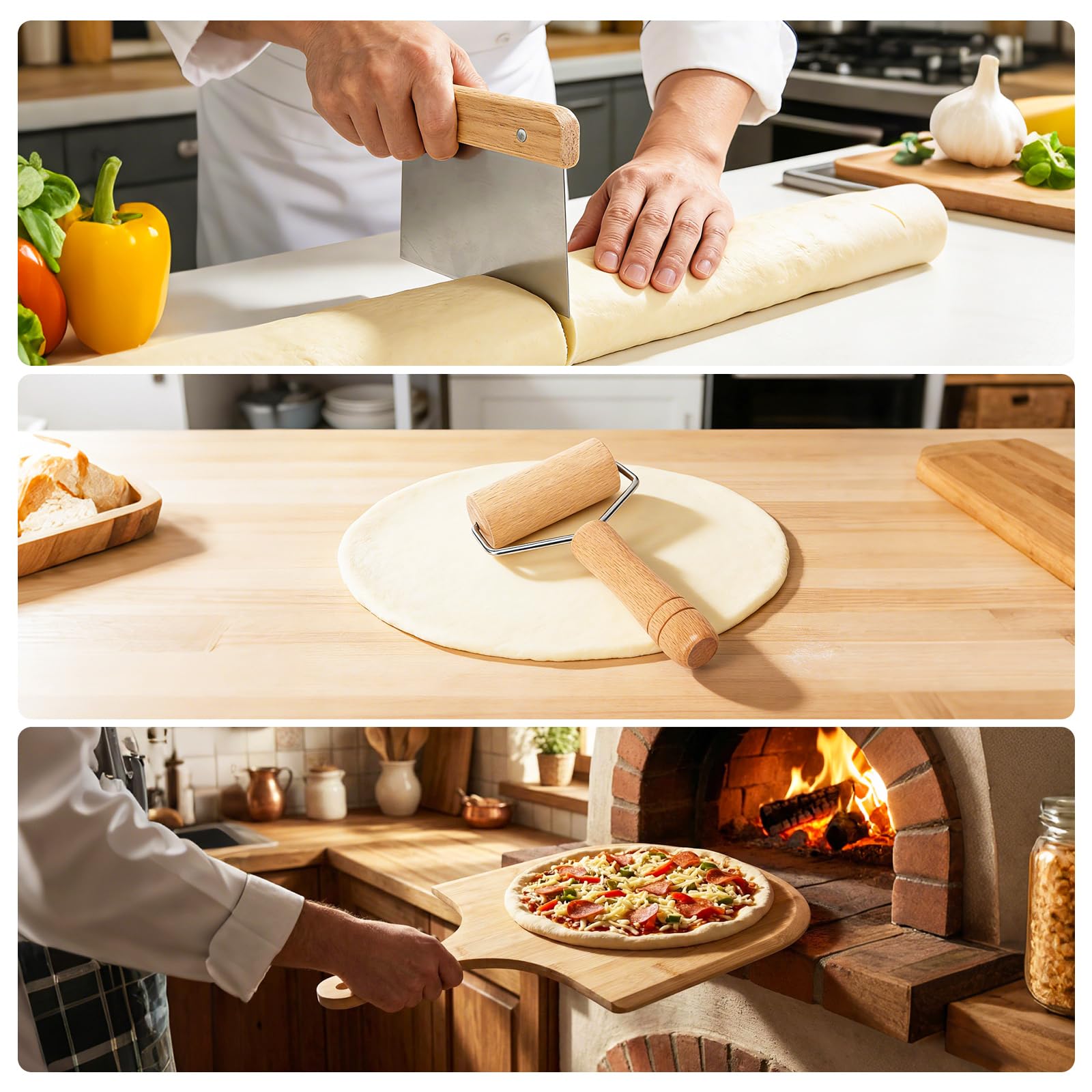 Kit di accessori per forno per pizza, versatile kit di 7 strumenti per la preparazione della pizza, per forni domestici ed esterni, include pala per pizza, spazzola da forno, paletta per bolle