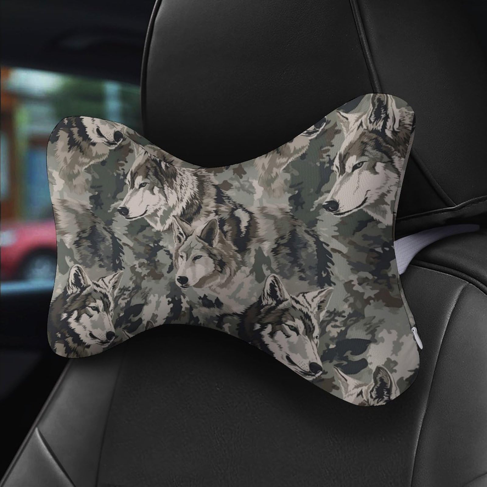 SMAZDFXX Wolf Camo Car Neck Pillow Set of 2 Car Seat Head Support Cushion Bone Pillows with Elastic Strap
