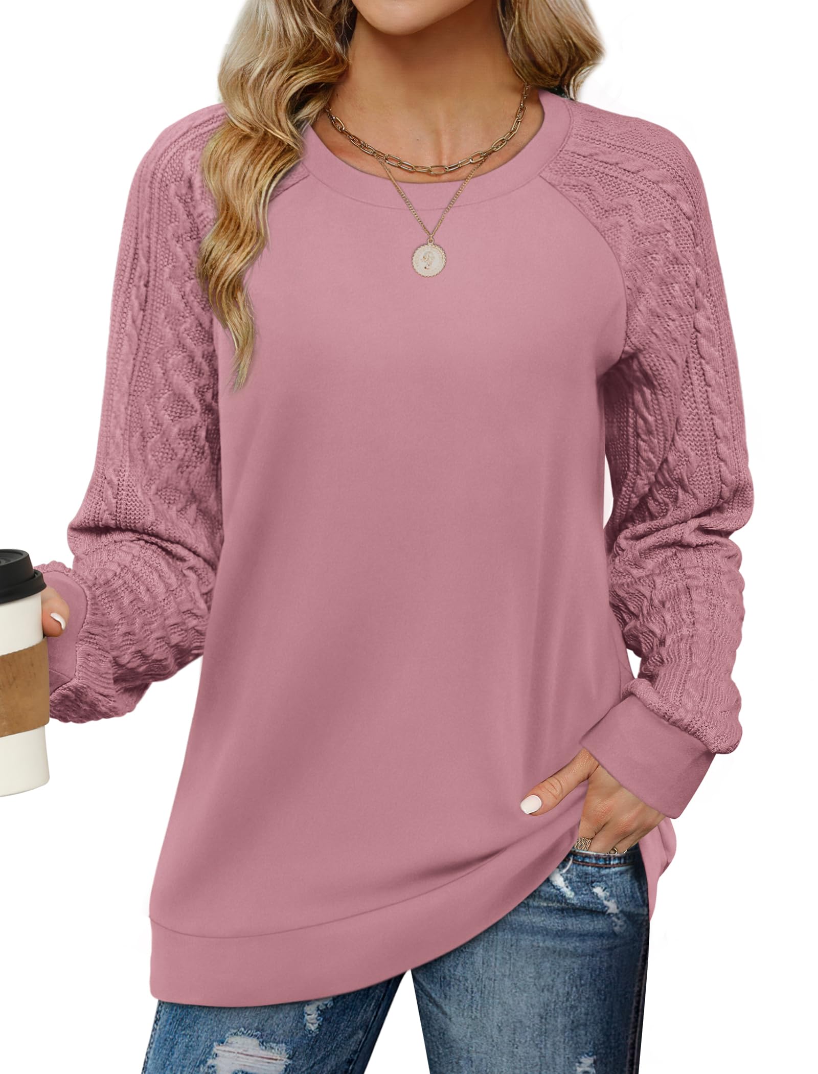 Saloogoe Sweatshirts for Women Crewneck Cable Knit Sleeve Sweaters Lightweight Fashion 2025