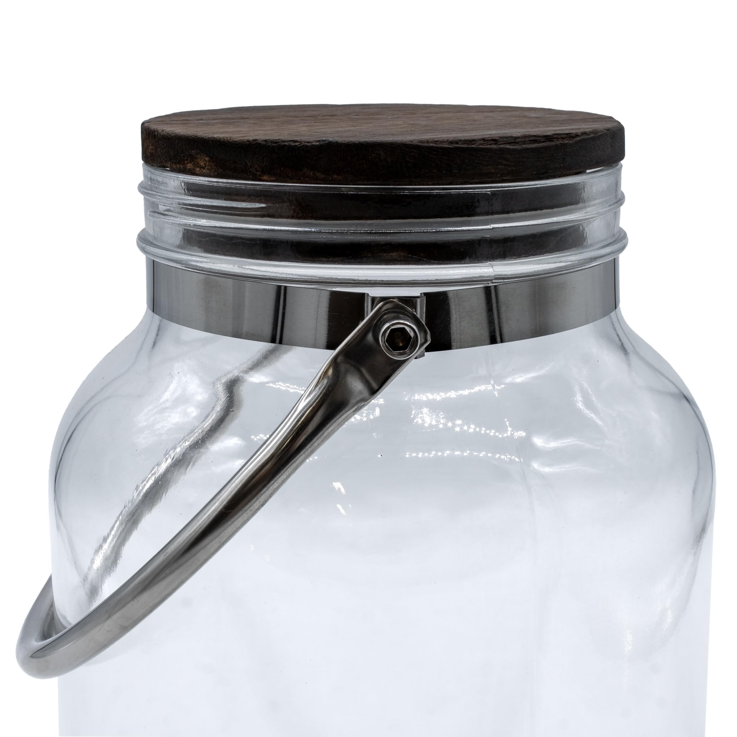 Getränkespender mit Zapfhahn und luftdichtem Holzdeckel - 6 Liter - Glas Wasserspender mit Tragegriff aus Metall - Wasser Saft Limonade Getränke Spender Dispenser