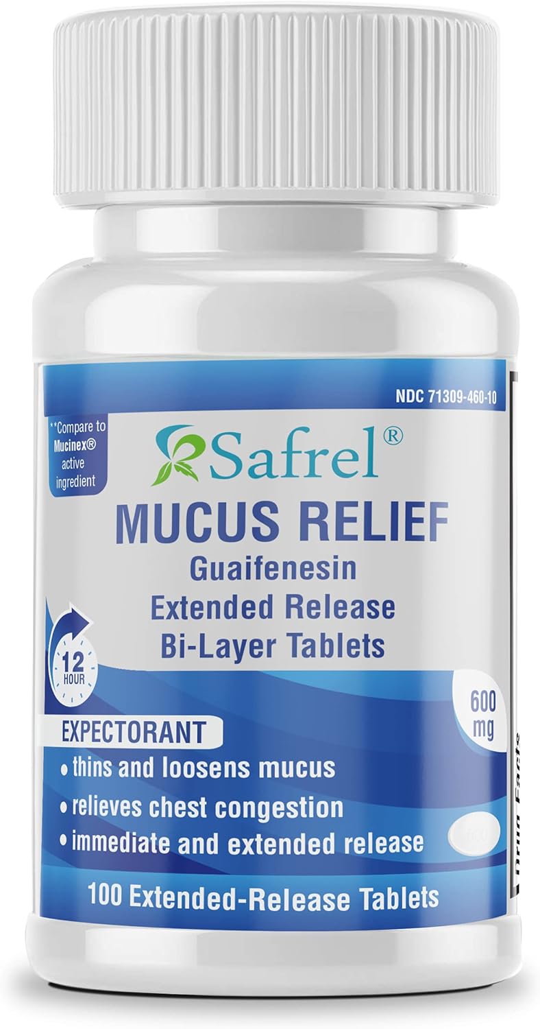 Safrel Mucus Relief Guaifenesin 600mg | 12 Hr Support Extended-Release Tablets | Thins and Loosens Mucus, Relieves Nasal & Chest Congestion | Cough, Cold, Flu Relief | Mucinex Generic (500 Count)