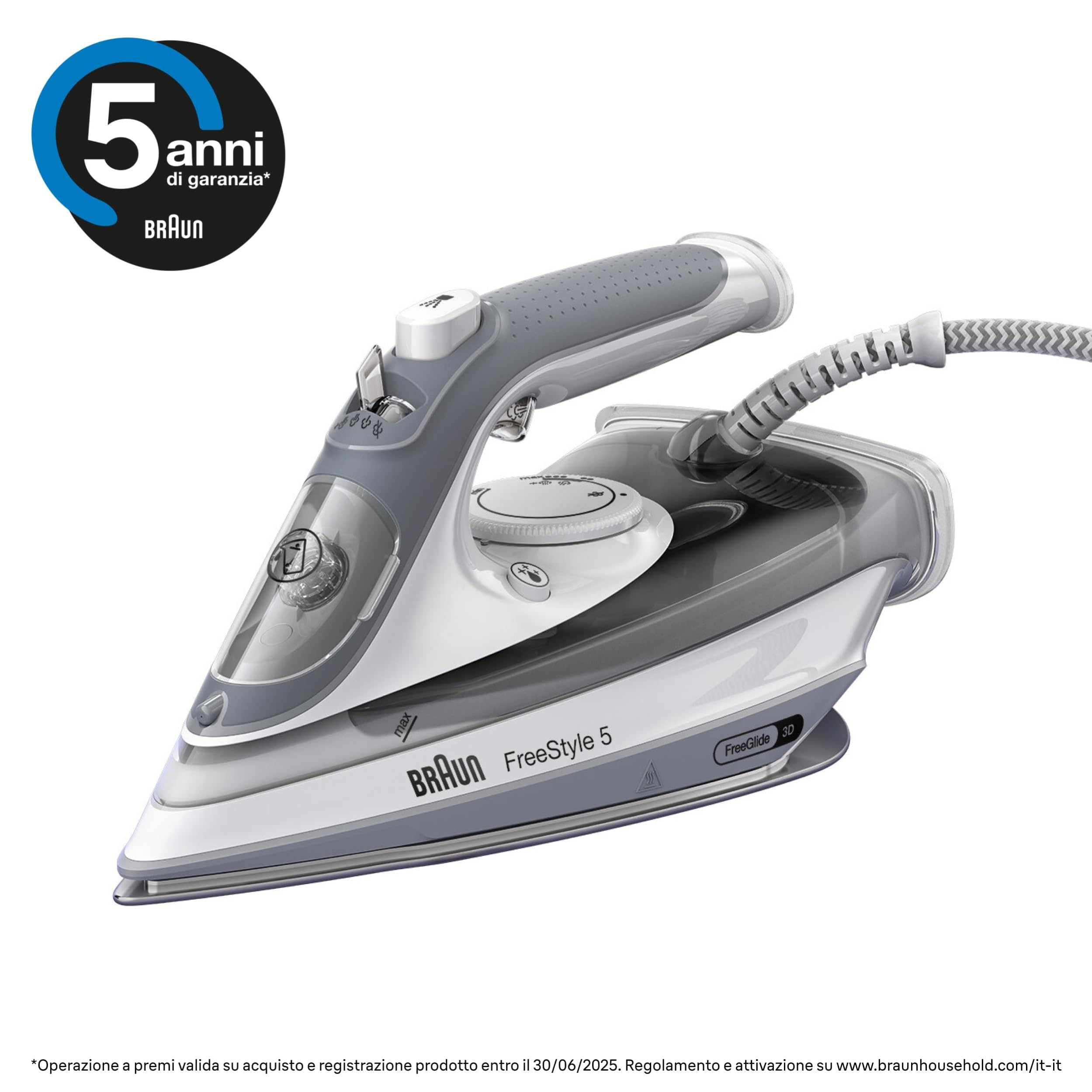 Braun Freestyle 5 – Ferro da Stiro a Vapore con Piastra FreeGlide 3D, Vapore Potente e Funzione Anti-Goccia, Colpo Vapore per Pieghe Ostinate, Serbatoio Ampio, Grigio (SI5078GY)