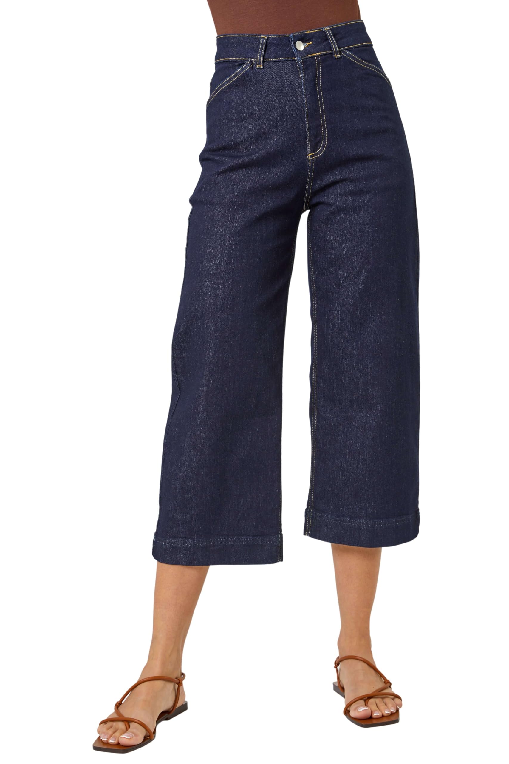 Roman Originals Women's Indigo Roman Originials Denim Culottes For Uk Cotton Cropped Trouser Wide Leg Jean Stretch Pants Capri 3/4 Length Three Quarter Summer Loose Casual Spring Lounge Pockets - Size 10