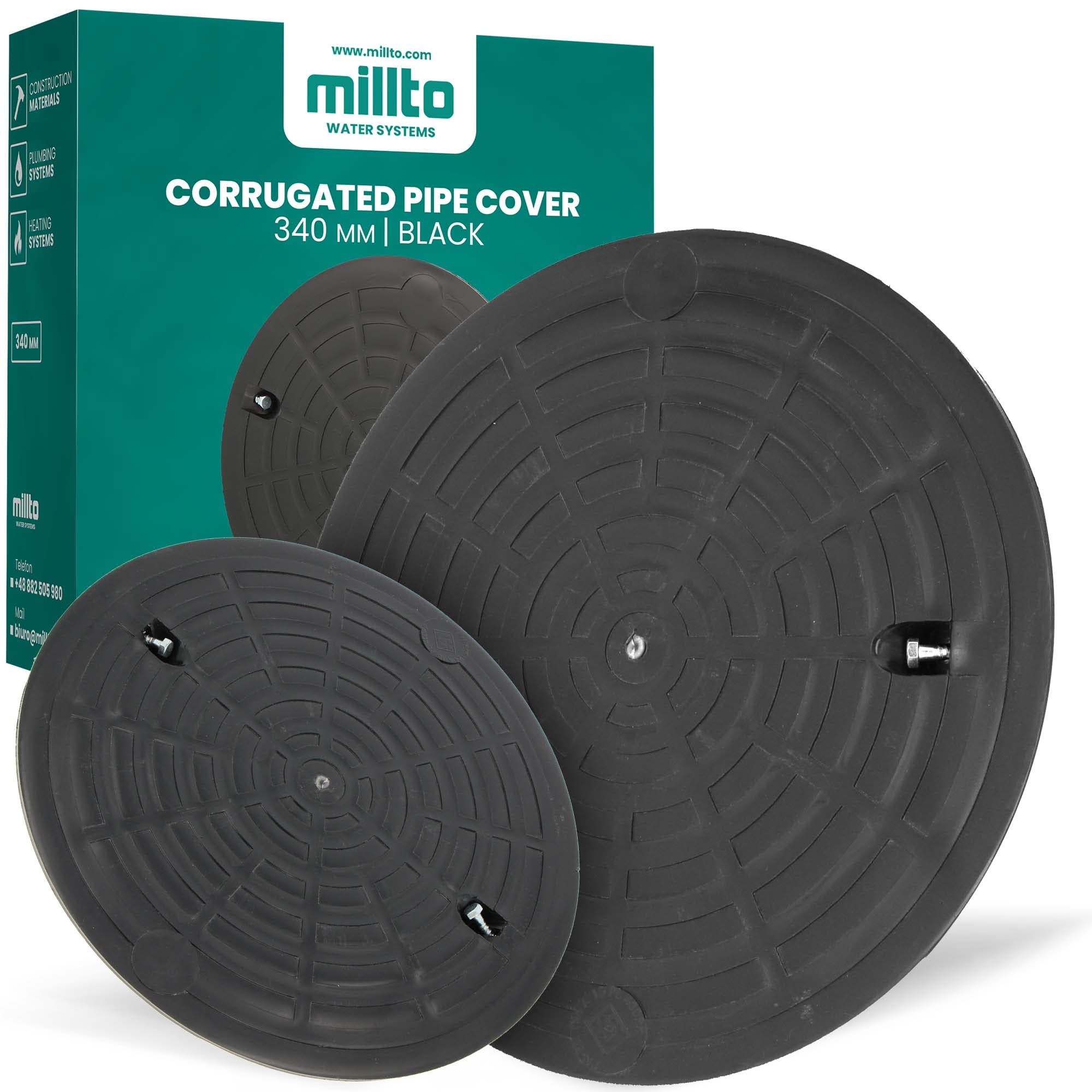 Millto™ Pokrywa Dekiel Rury Karbowanej 340 mm Właz Studni kanalizacji Komora Inspekcyjna Do Szamba Czarna Okrągła Rura Spustowa Studzienka