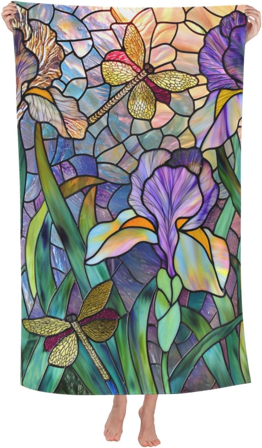 Stained Glass Dragonfly Beach Towel Art Sand-Free Microfiber Bath Towel Ultra Soft Quick Dry Pool Towel Absorbent Towel Lightweight Towel Gifts for Outdoor Bathroom Swimming Decor 31inx51in