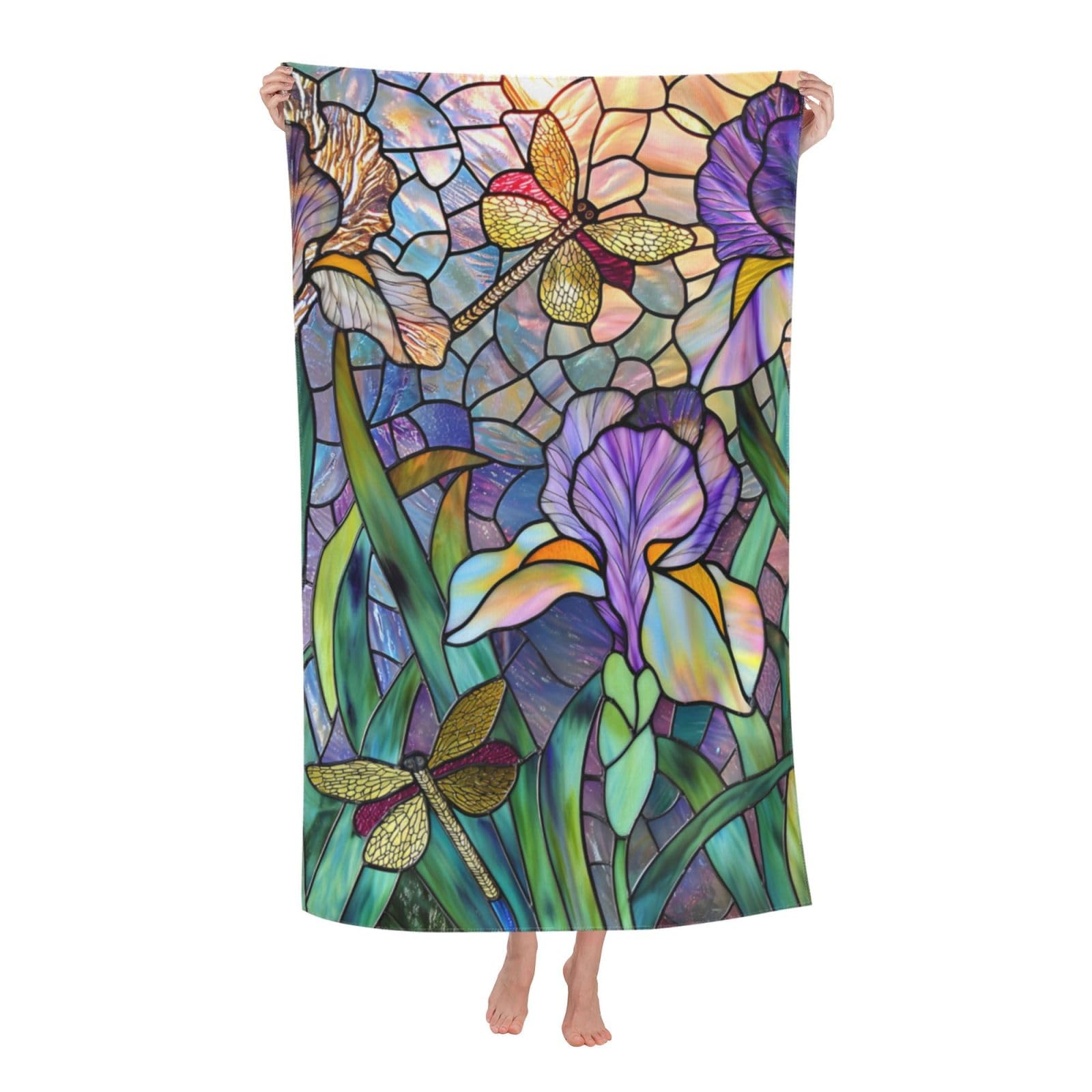 HLBSDM Stained Glass Dragonfly Beach Towel Art Sand Free Microfiber Bath Towel Ultra Soft Quick Dry Pool Towel Absorbent Towel Lightweight Towel Gifts for Outdoor Bathroom Swimming Decor 31inx51in