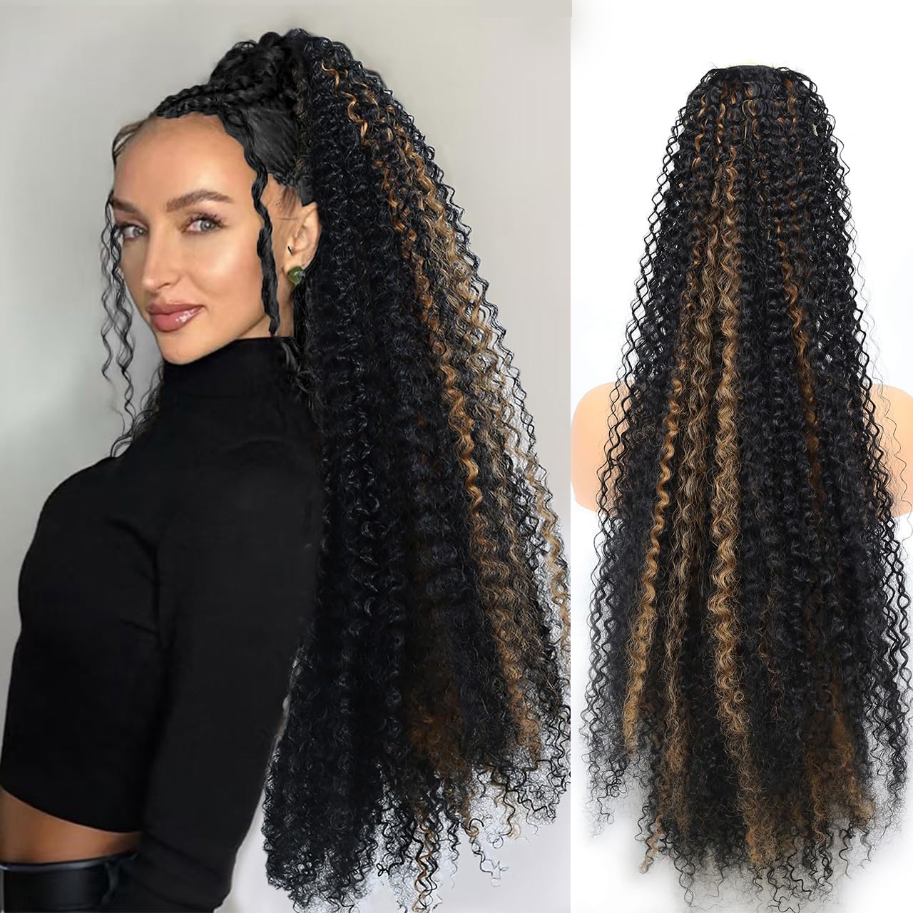 28 Inch Drawstring Ponytail Hair Black Mixed Brown Curly Ponytail Extensions Fluffy Curly Clip on Ponytails for Women(28Inch,1BH30)