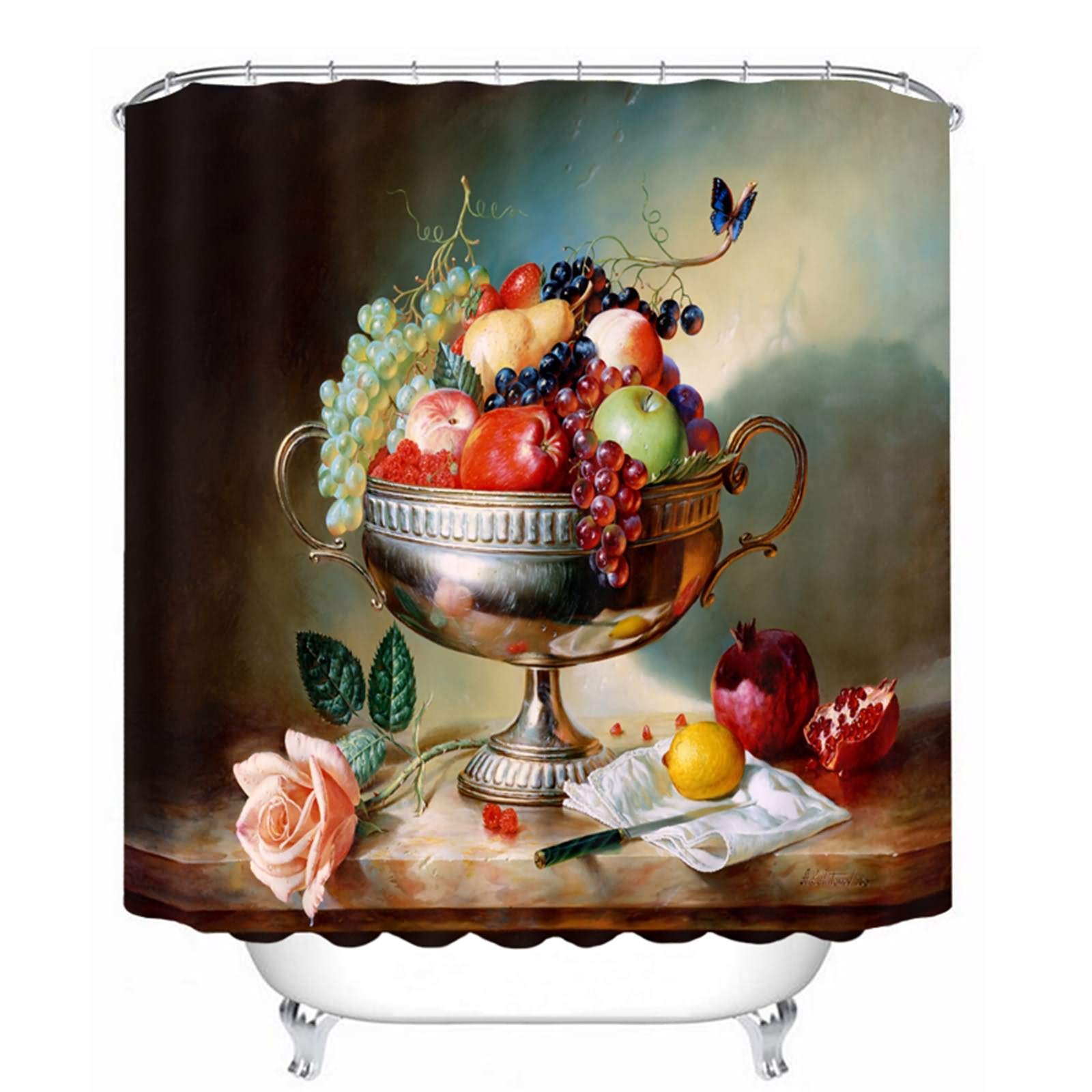 Rideau de douche japonais 200x180cm KnSam avec peinture de fruits bleu gris effet 3D