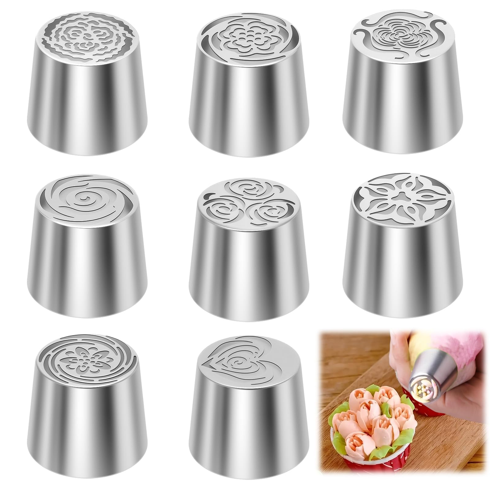 8Pcs Flower Russian Piping Tip Set, Extra Large Stainless Steel Layered Rose Icing Tip, Cake Decorating Flower Bouquet for Cake Dessert Cookie(8PCS)