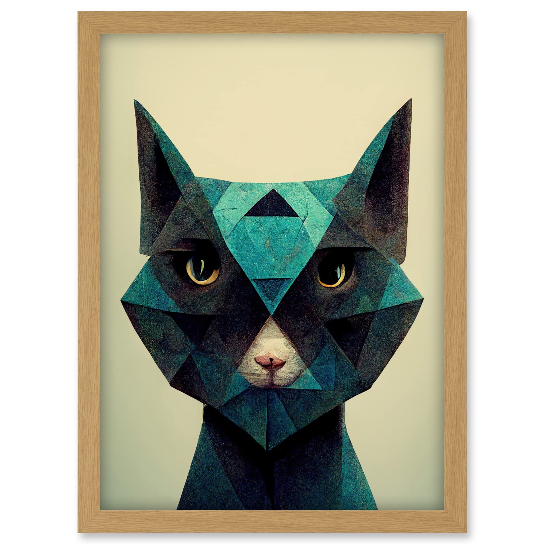 Doppelganger33 LTD Fun Geometric Teal Cat Artwork Framed A3 Wall Art Print