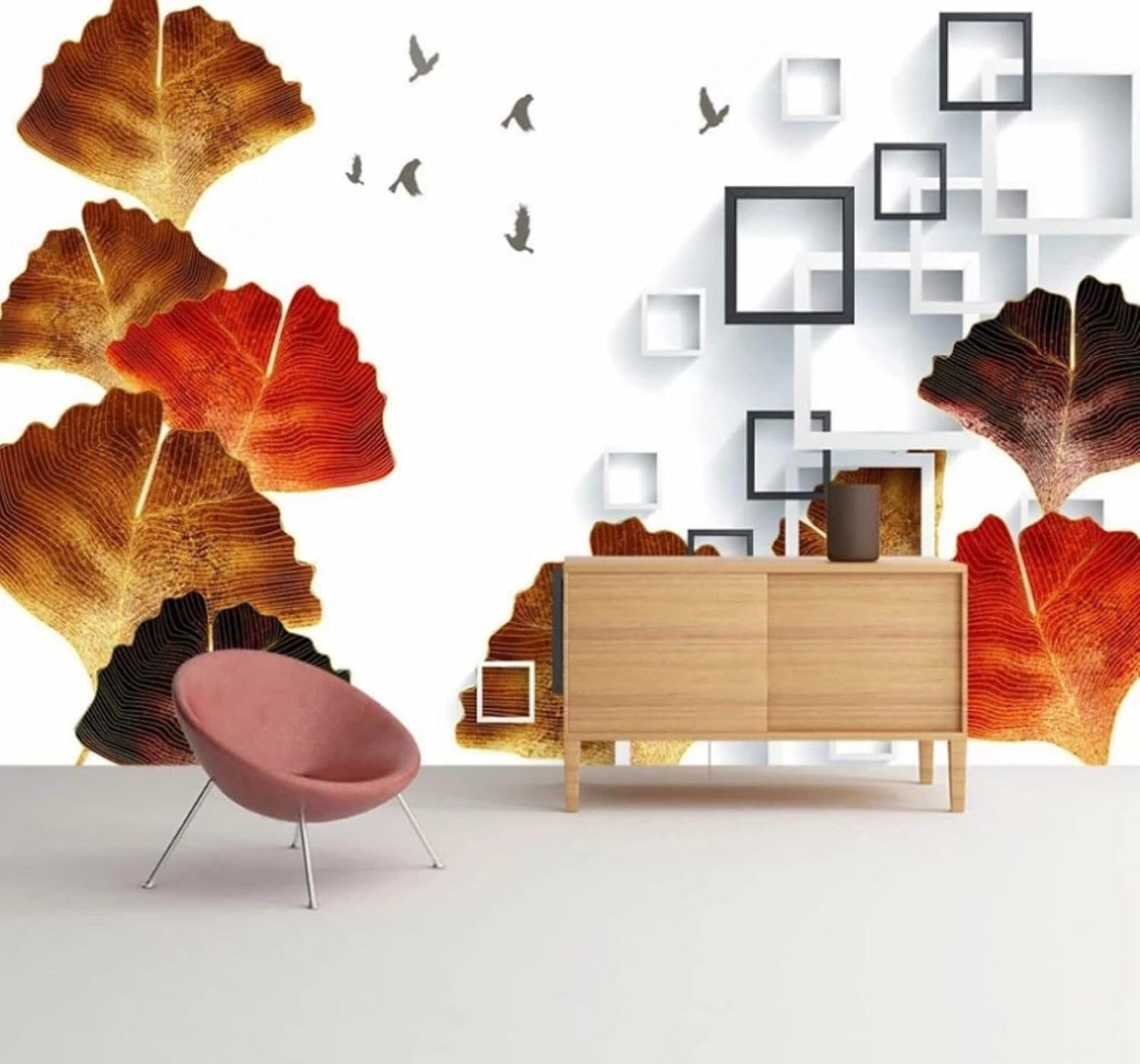 Wallpaper-3D-Xlm 250Cm×170Cm(B×H) Abstract Three Dimensional Ginkgo Leaves Birds In Flight Square 3D Wallpaper Easy Install Feature Office Living Room Sofa Bedroom Tv Background Wall Decoration-250Cm×170Cm