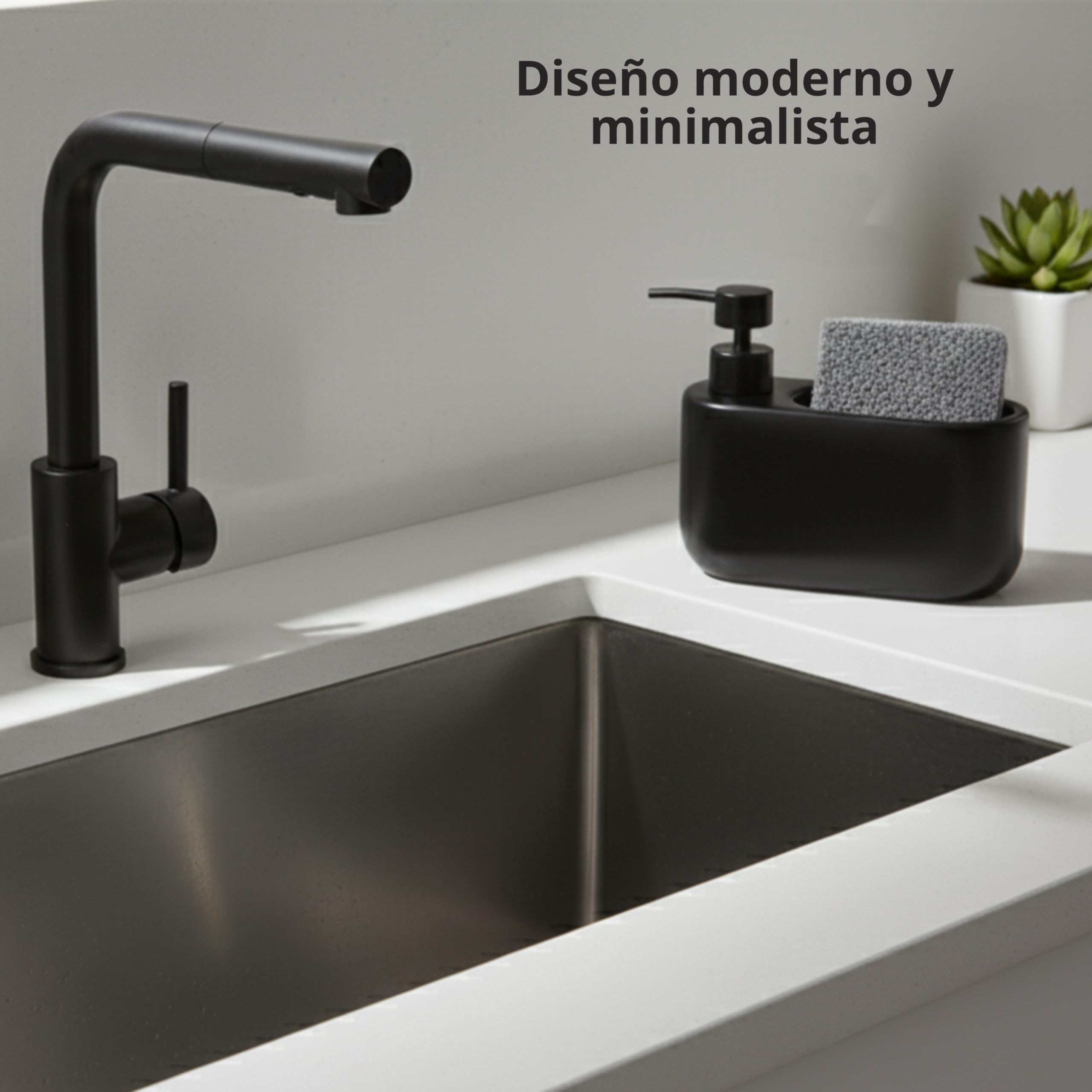 Dispensador de Jabón Cocina con Estropajero 520 ml Curve - Dosificador de Cerámica y Soporte para Esponja. Organizador de Fregadero Estrecho. 18 x 7.3 x 15 cm. - Negro Mate - 5