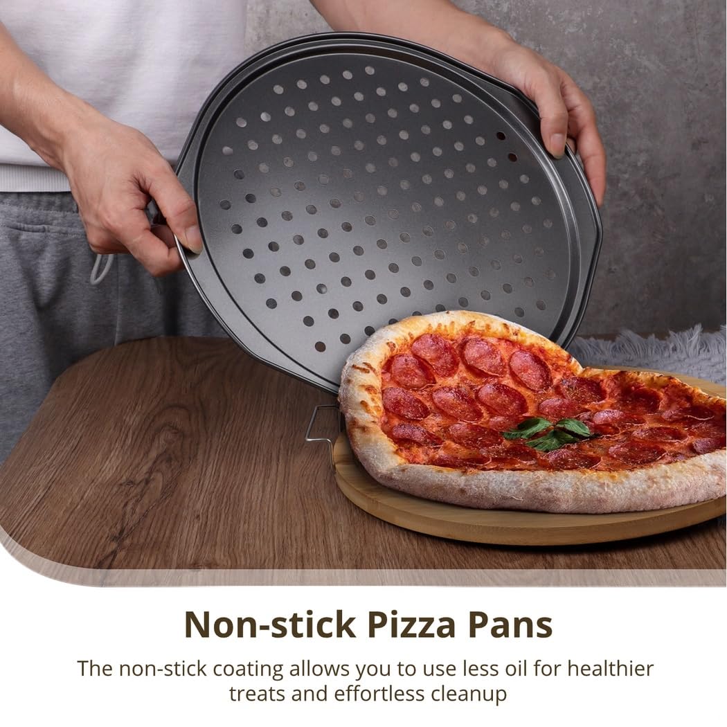 Pizza-Pfannen aus Karbonstahl, antihaftbeschichtet, mit Griffen, perforiert für knusprige Pizzakruste, vielseitig zum Backen und Braten