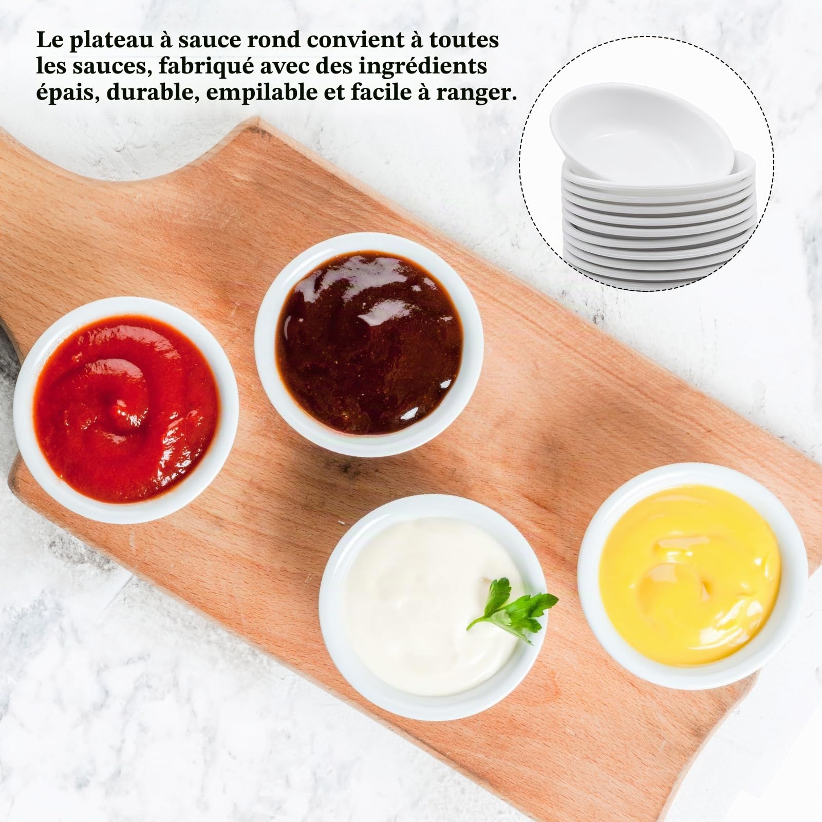 OMJMYY Bols à Sauces 16 Pièces Ronds Plats Sauce Soja 7.2x1.9 cm avec 20 Boules de Glace pour Ketchup Confiture Sauce Fruits et Dessert Blanc