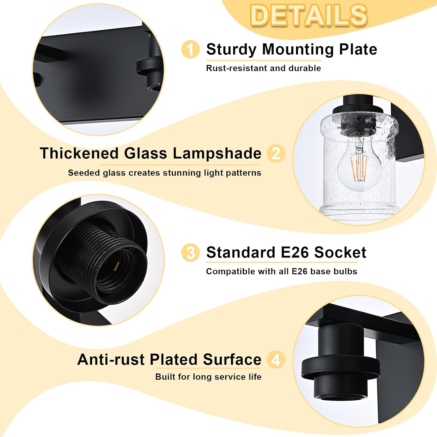 5-Light Black Bathroom Light Fixture Over Mirror, Vanity Lighting Wall Sconce with Seeded Glass Shade for Living Room Kitchen Bedroom, E26 Bulb Base