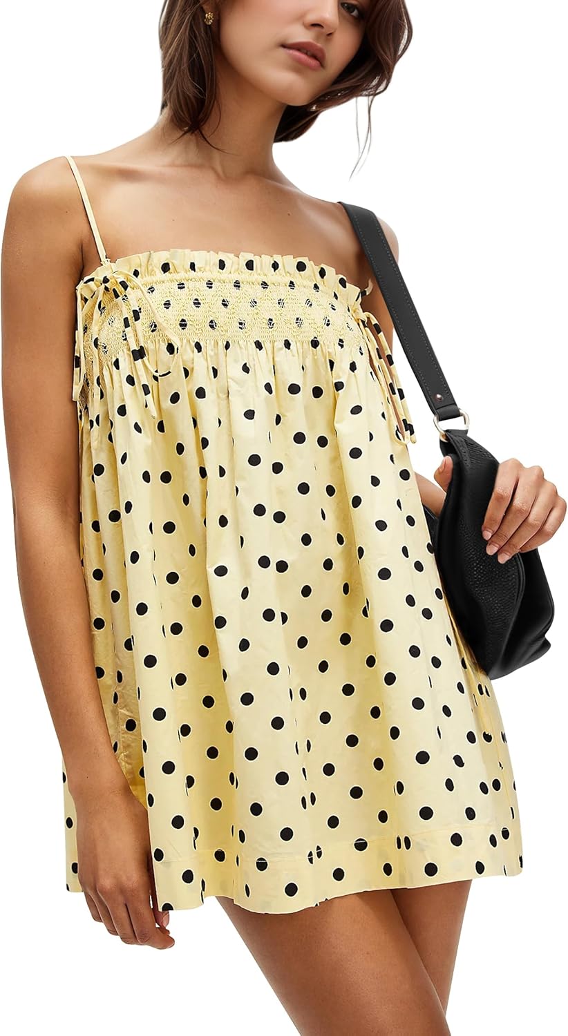 Women Polka Dot Sleeveless Square Neck Backless Spaghetti Strap Smocked Flowy Ruched Sexy Mini Cami Dress