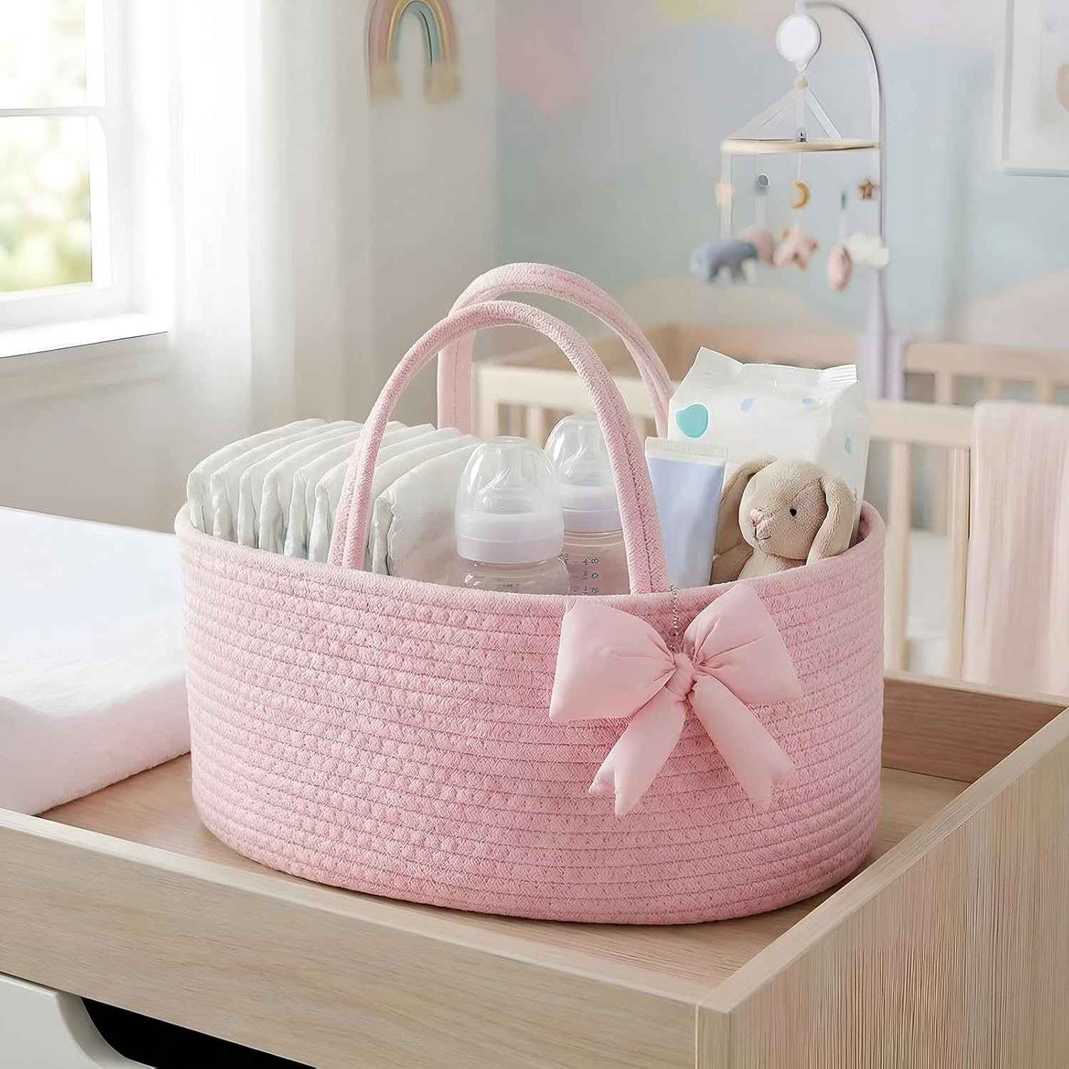 Hushee Pink Bow Baby Diaper Caddy Organizer Baby Gift Bag with Handle Nursery Diaper Basket Organizer for Newborn Boy and Girl Storage Bin for Diapers Wipes New Mom Gift