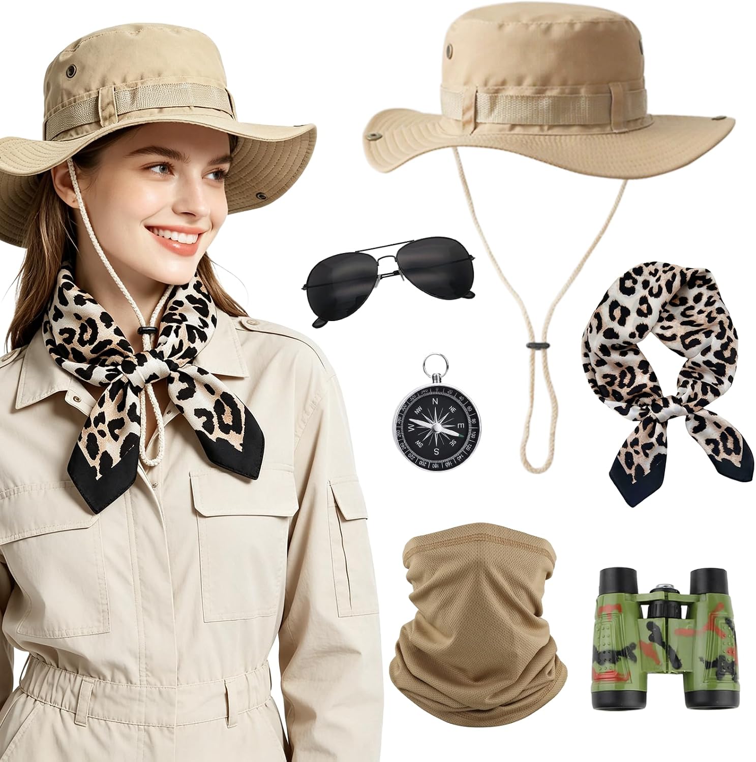 6Pcs Safari Costume Explorer Costume Adult Safari Hat with Accessories Set