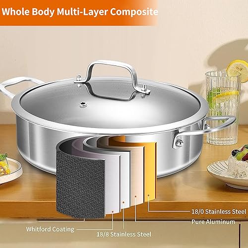 Miniatura 3 de DELARLO Sartén de acero inoxidable de tres capas de 10 pulgadas de profundidad, sartén de 3 cuartos de galón con tapa, compatible con inducción,