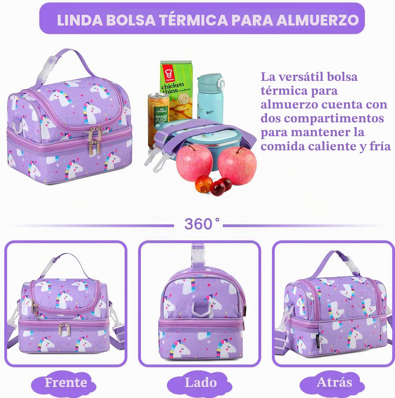 VASCHY Bolsa Térmica Porta Alimentos Infantil, Bolsa Almuerzo Niños Niñas 6.7 L de 2 Compartimentos, Isotérmica 3-4h (5-6h con Hielo) para Escuela Guardería Picnic