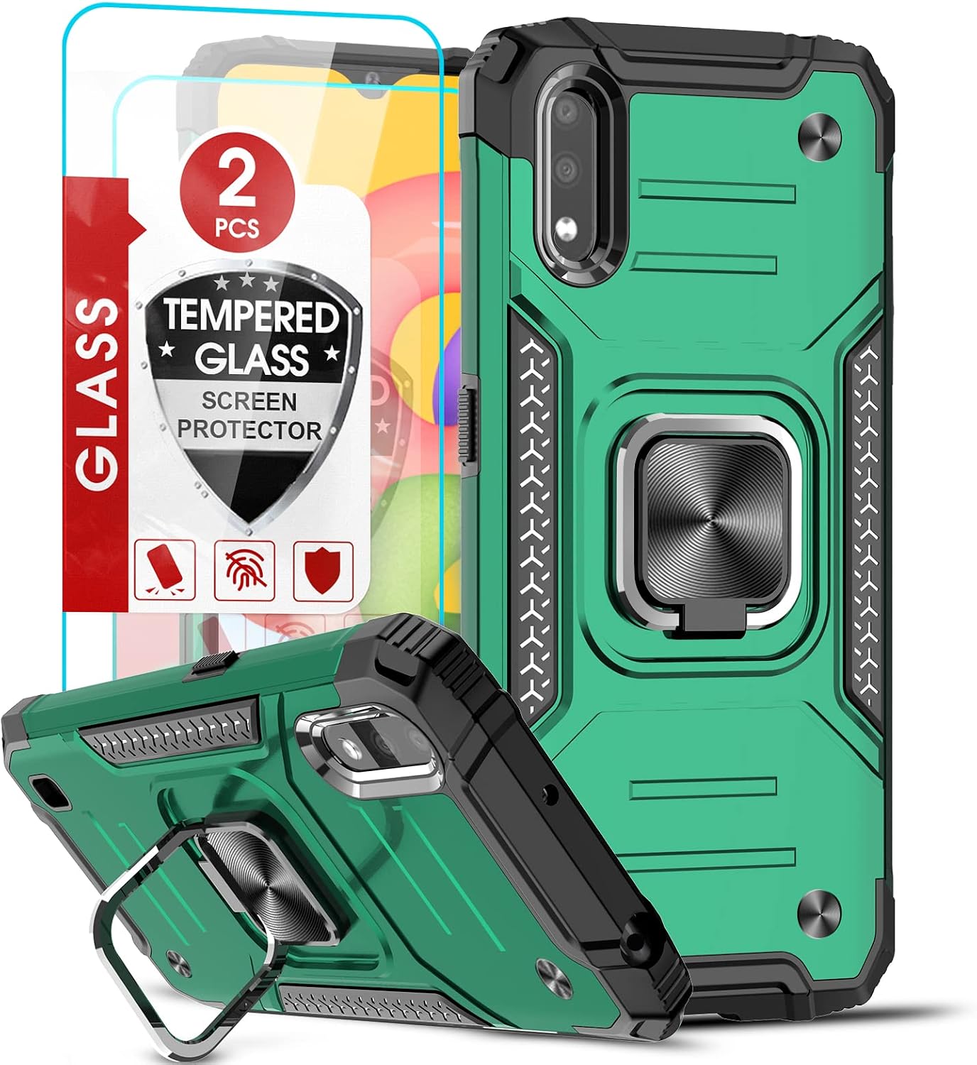 LeYi Compatible with Samsung Galaxy A01 Case with 2PCS Tempered Glass Screen Protector, Military-Grade Protective Phone Case with Ring Kickstand for Samsung A01, Green