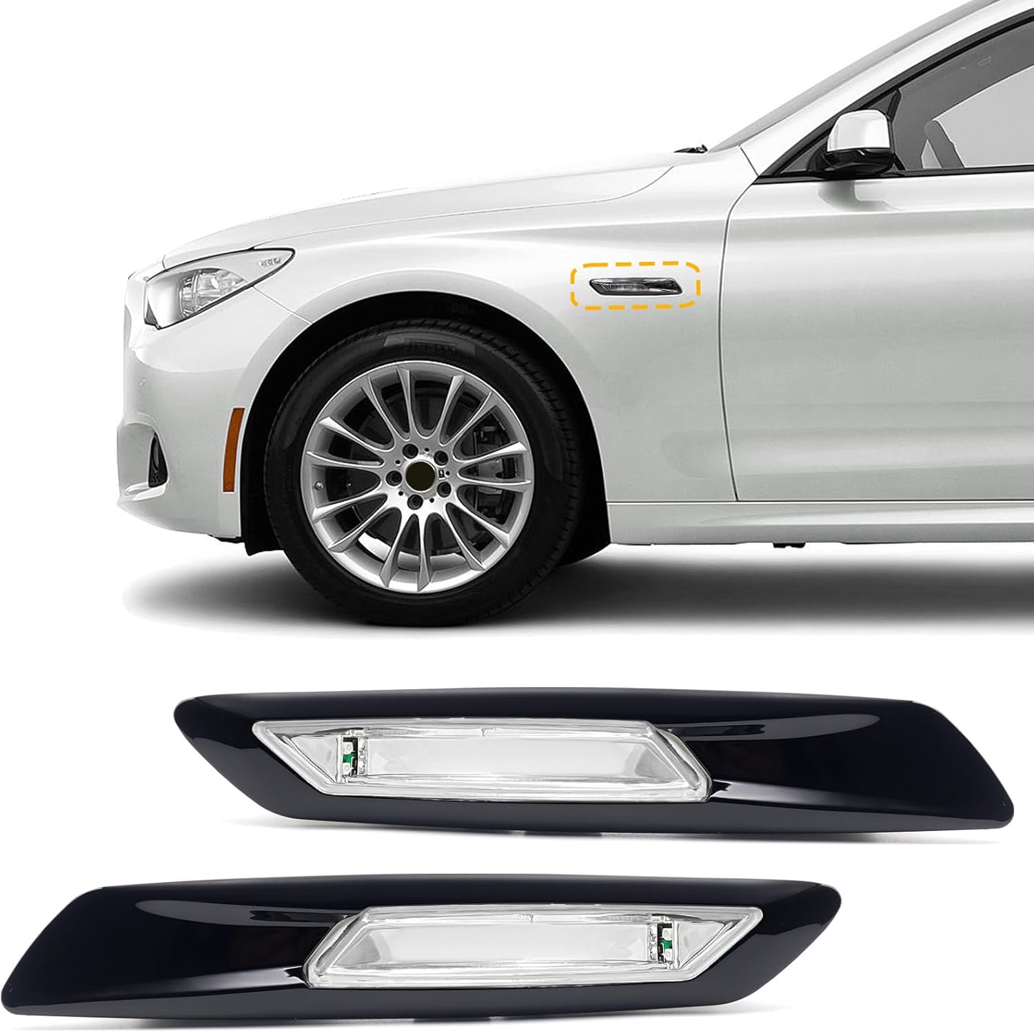 TOPUS Car Fender In-dicator Side Marker Turn Signal Amber Light For BMW 528i 535i 550i 2011 2012 2013 Black Housing Clear Lens 63137154169 63137154170 (Set of 2, Left and Right)