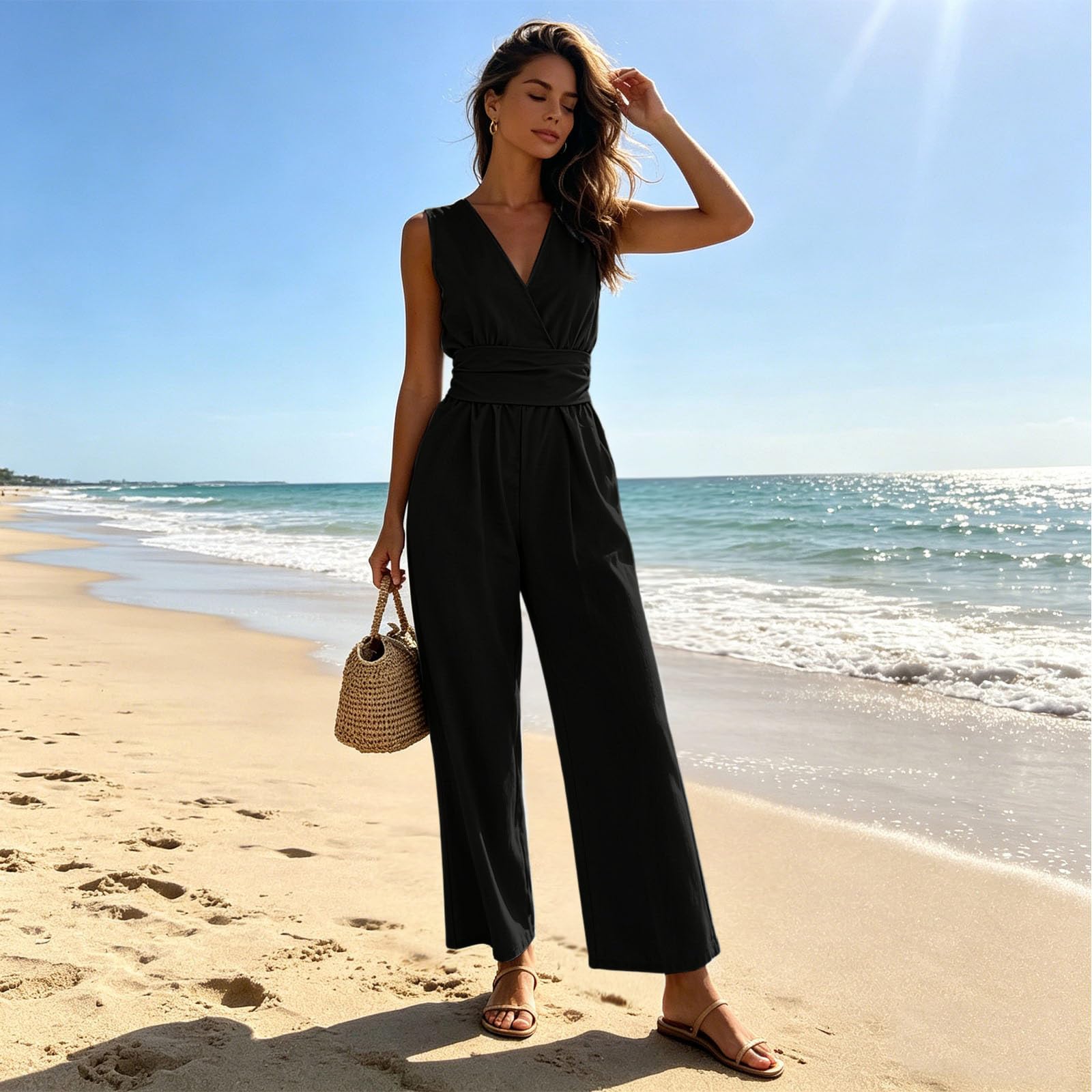 Salopette da Donna Pantalone Lungo da Lavoro Estivi Senza Maniche con Grandi Tasche Scollo a V Elegante Tuta Lang Tutina Jumpsuit Gamba Allentata Vita Alta Aderente Gamba Larga Spiaggia Vacanza Outfit