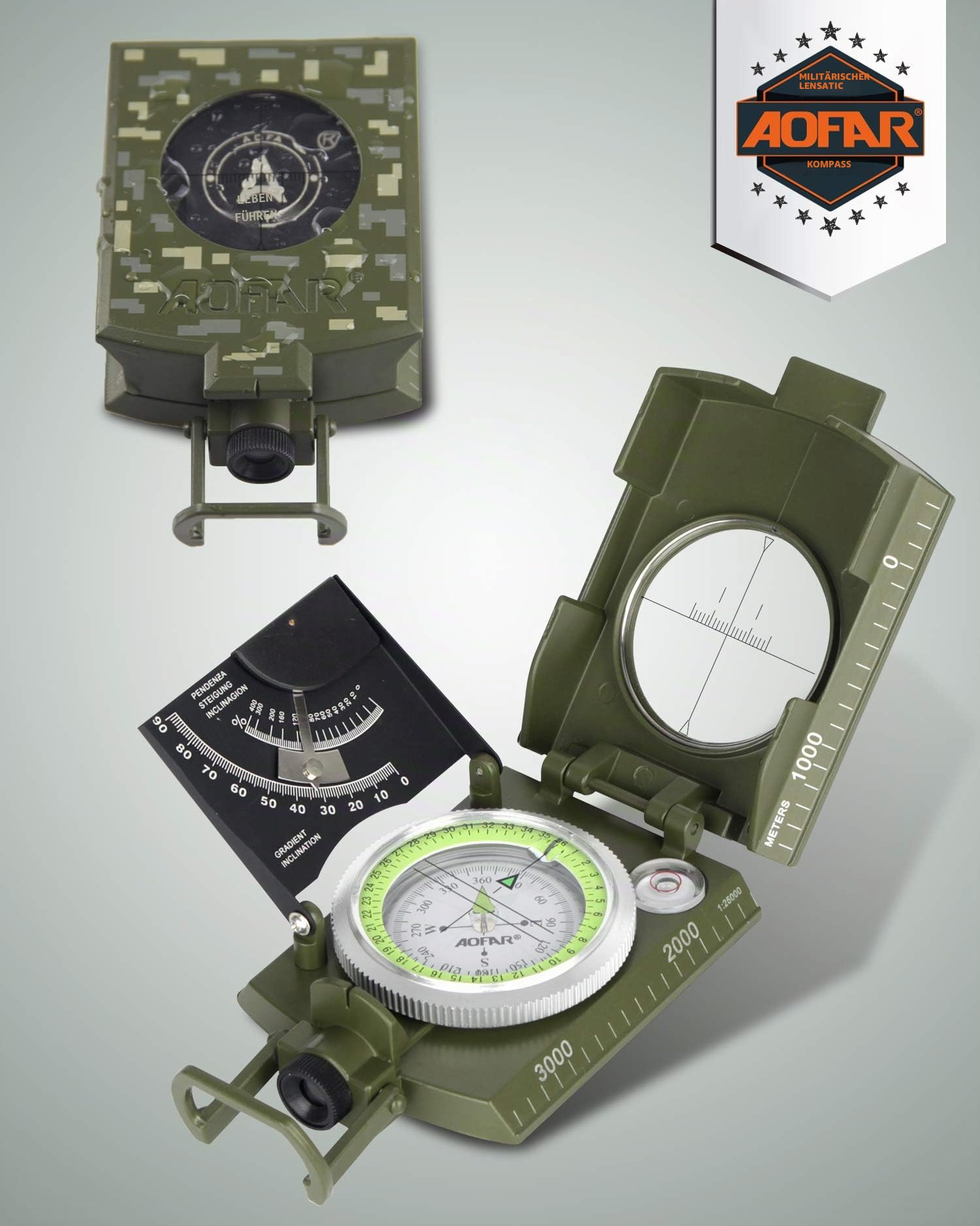 AOFAR AF-4074 Militär-Kompass zum Wandern, Linsenvisier, wasserdicht, langlebig, Neigungsmesser für Camping, Jungen, Geologie-Aktivitäten, Bootfahren