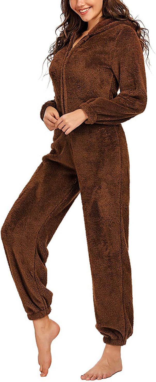 chouyatou Women's Ultra Comfy Lounge Furry Sherpa Romper Onesie Pajamas Cute Ear Hood : Clothing, Shoes & Jewelry