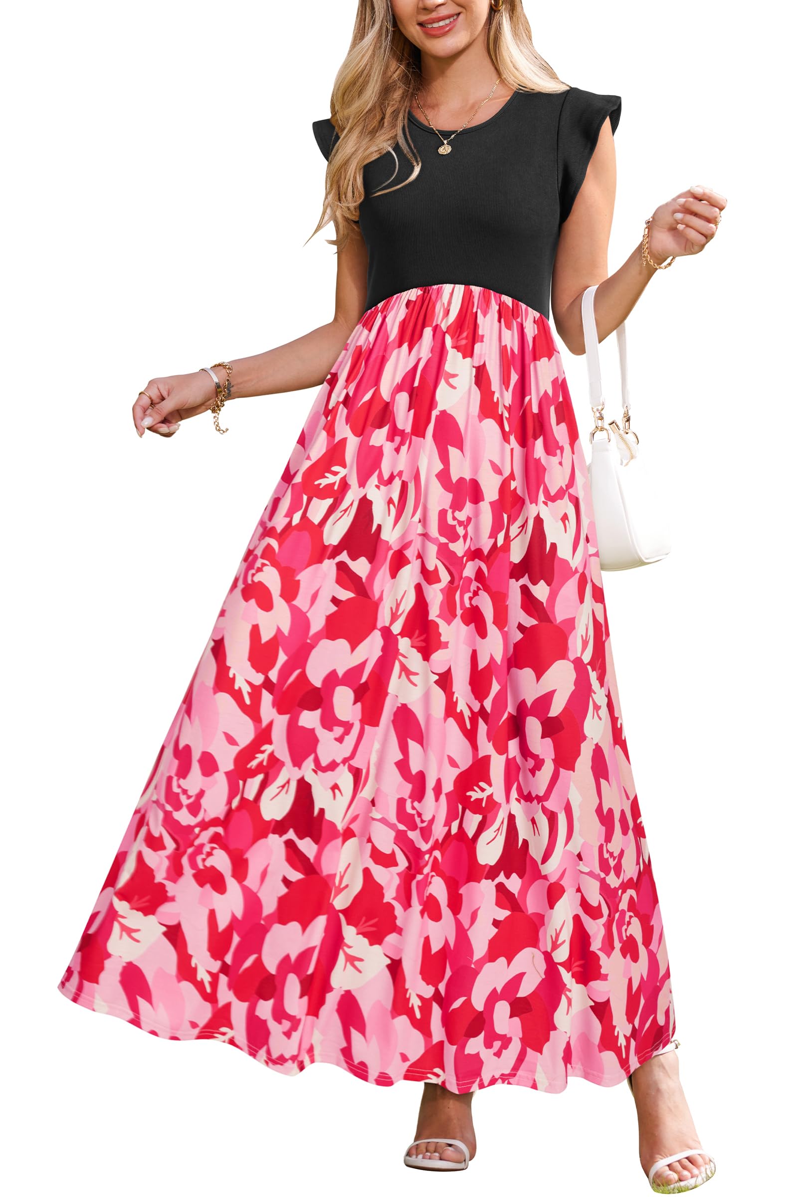 OUGES Women 2026 Spring Summer Maternity Dresses Sleeveless Ribbed Casual Outfits Maxi Nursing Dress with Pockets — view 13