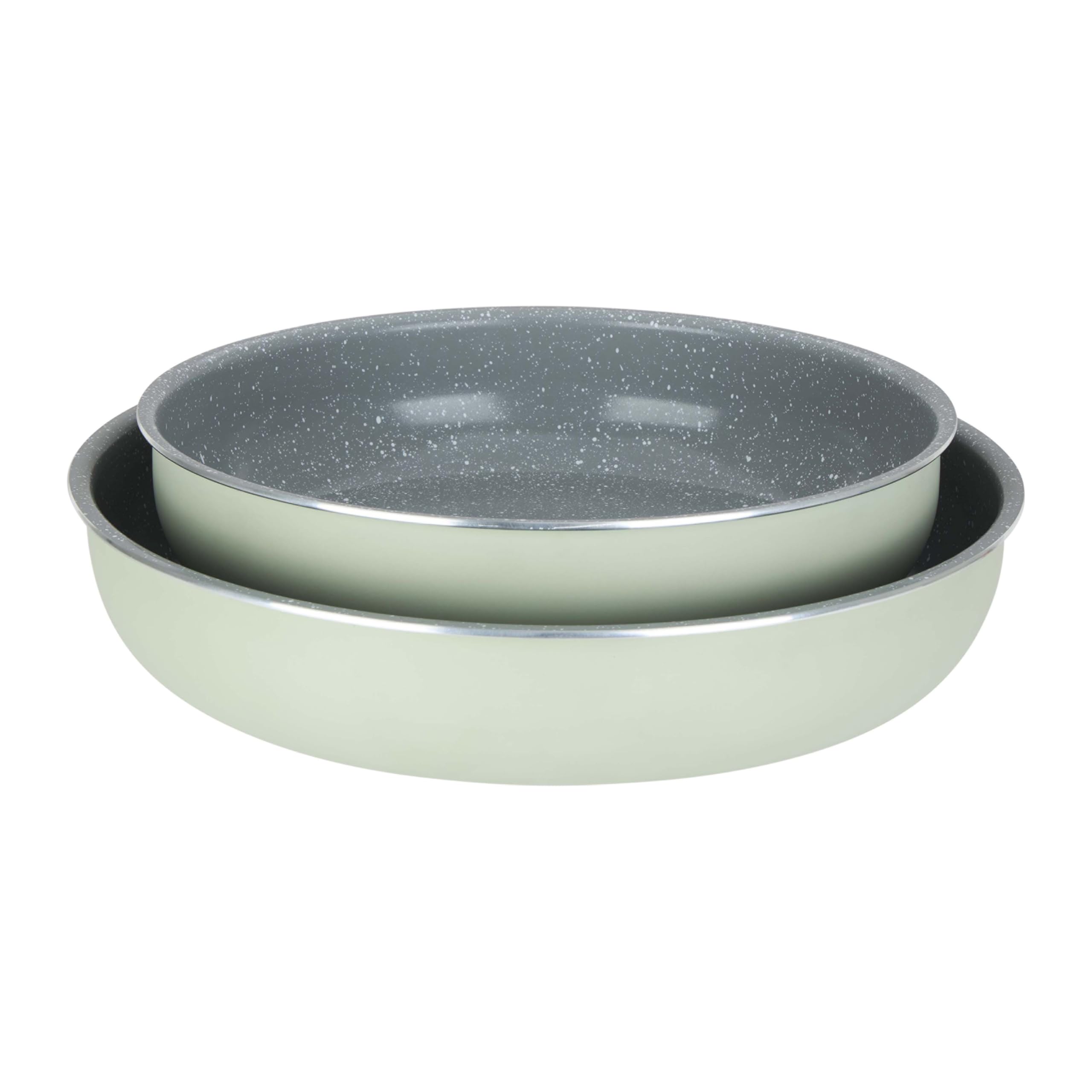 Sitram 716940 - Set di 3 padelle in alluminio, serie FAMILY, Ø 20,24,28 cm, rivestimento antiaderente in ceramica effetto pietra, colore verde, manico rimovibile SITRAMOVIble, tutte le luci incluse