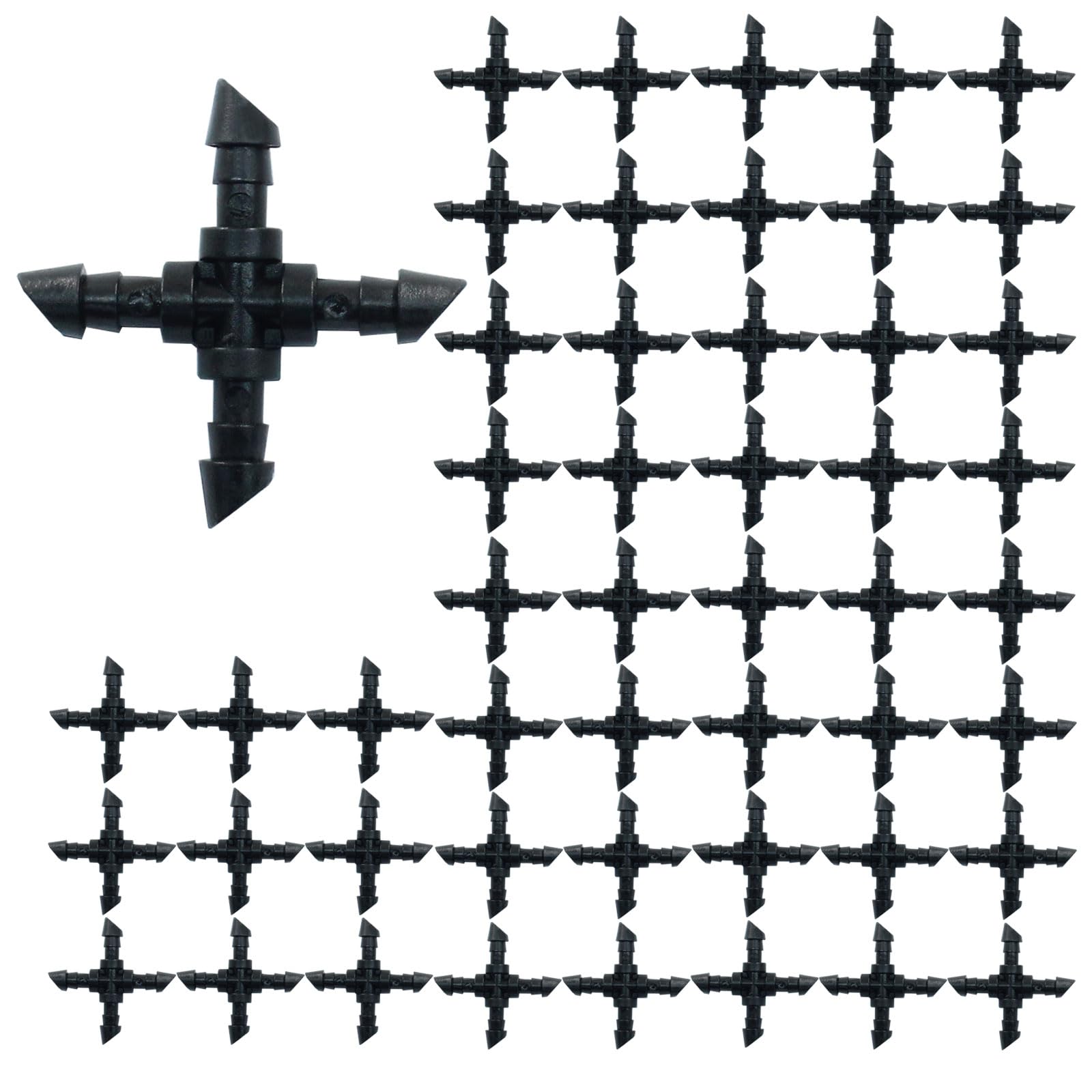 Unlorspy 50Pcs 1/4" Black Barbed Coupling Fittings Drip Irrigation System Fitting Kit Barbed Connectors for Drip or Garden Watering System (4 Ways)