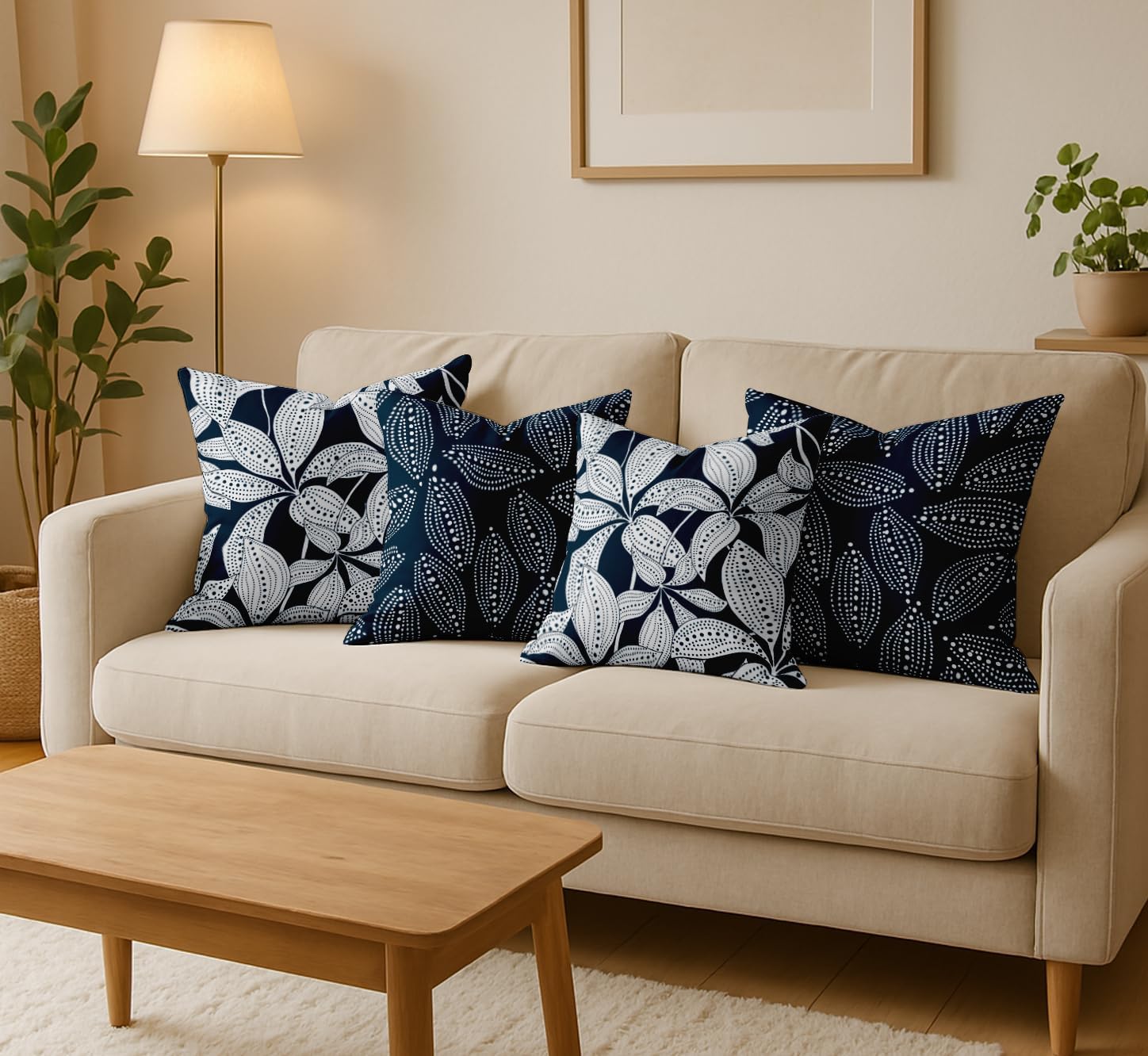 16x16 Inch Cushion Covers Set of 4 - Premium Cotton, Leaves Print, Reversible Printed Pillow Covers with Concealed Zipper - Blue