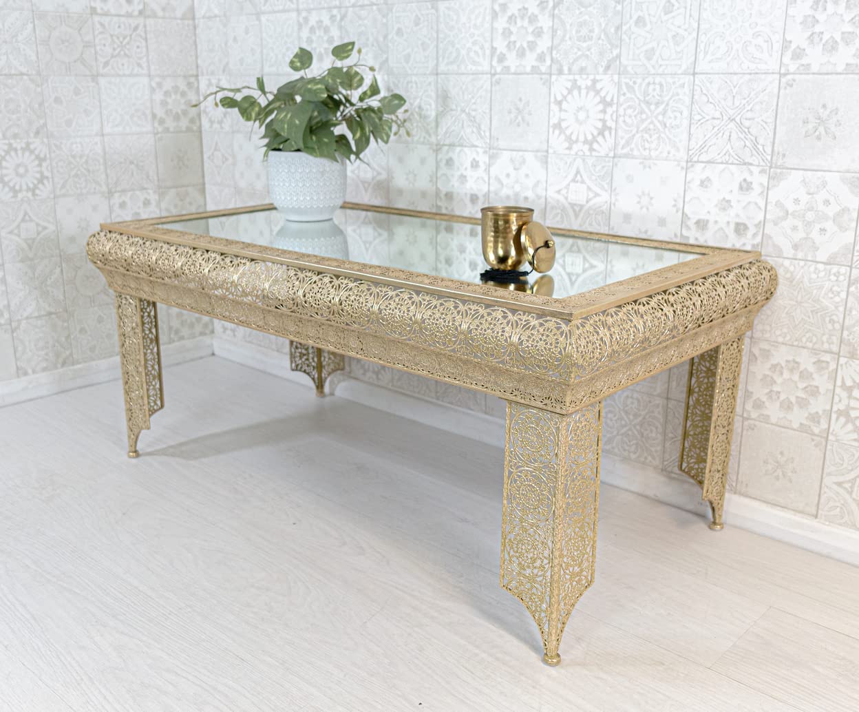 DOWNTON INTERIORS Antique Gold Moroccan Style Embossed Metal Mirrored Glass Coffee Table (GZ424) Part of the AGADIR Collection