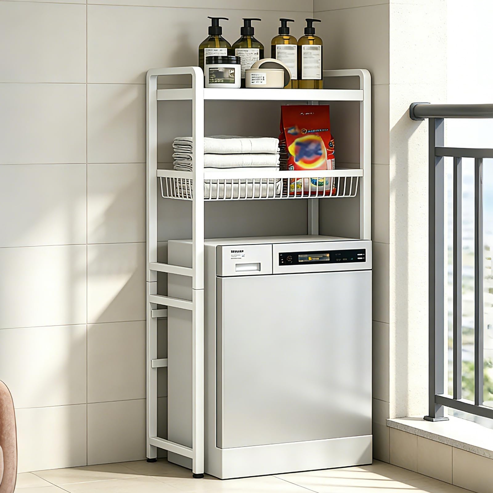 ANTOLE Over Washing Machine Storage Rack,2-Tier Laundry Shelf for Space Saving,Laundry Room Storage Shelves,Heavy Duty Over Washer and Dryer Storage Shelf Bathroom Balcony Organizer Rack (White)