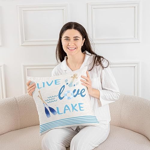 Miniatura 10 de Funda de almohada con estampado de remo en bote de 16 x 16 pulgadas, funda de almohada rústica de naturaleza cabaña, funda de cojín cuadrada suave,