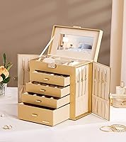 Vista 71 de Homde Regalos de Navidad de cuero sintético, enorme joyero, organizador de reloj con espejo, collar, anillo y aretes, estuche de regalo con Dorado