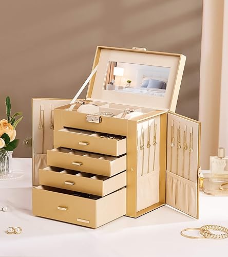 Miniatura 71 de Homde Regalos de Navidad de cuero sintético, enorme joyero, organizador de reloj con espejo, collar, anillo y aretes, estuche de regalo con Dorado