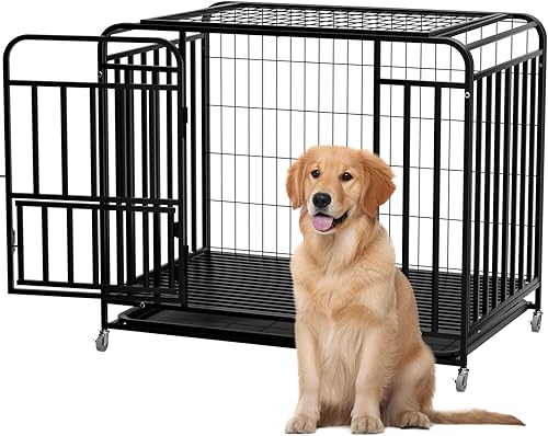 Jaula resistente a prueba de escapes para perros grandes, jaula extra grande de 38 pulgadas con ruedas bloqueables y puerta doble, perrera