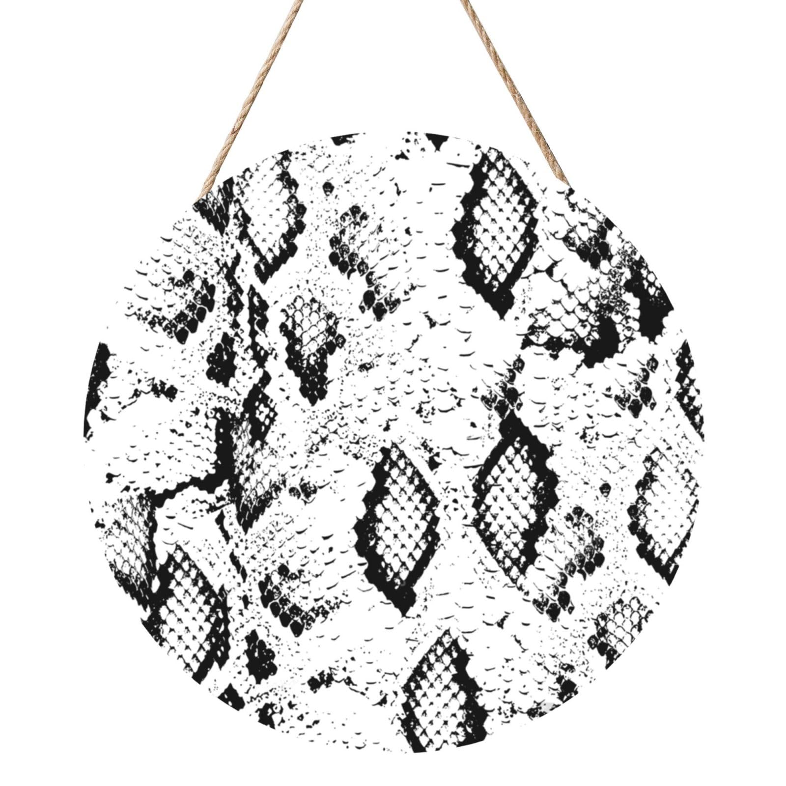 InOmak Snake Skin Black And White Printed, Round Wood Panel Painting 12 in, Wall Hanging Painting For Home