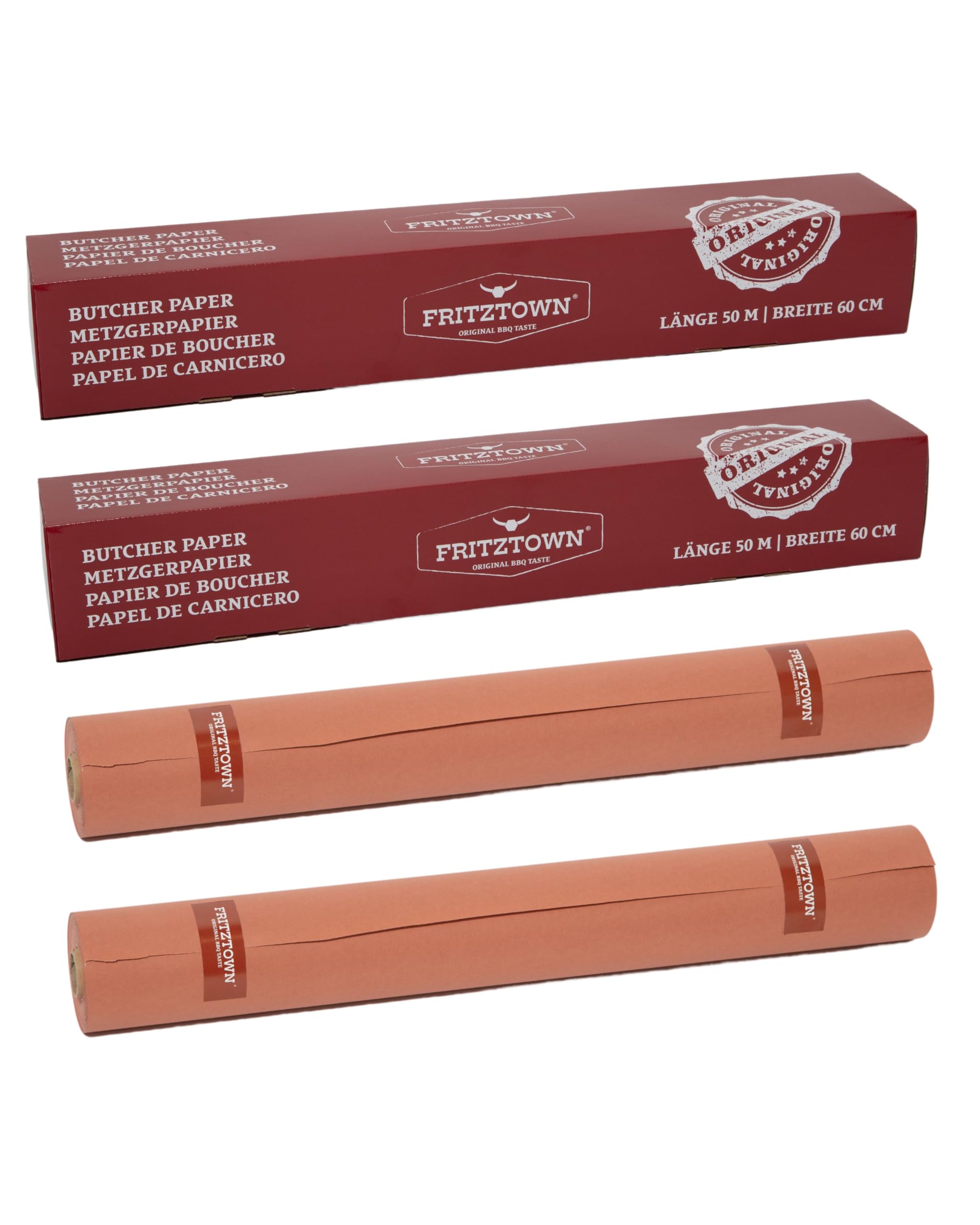 FRITZTOWN Butcher Paper Deluxe Pink 2er Set 60 cm x 50 m – Metzgerpapier Rolle-Box – Lebensmittelsicher – BBQ Kraftpapier & Grillpapier für Smoken, Räuchern & Fleischverpackung