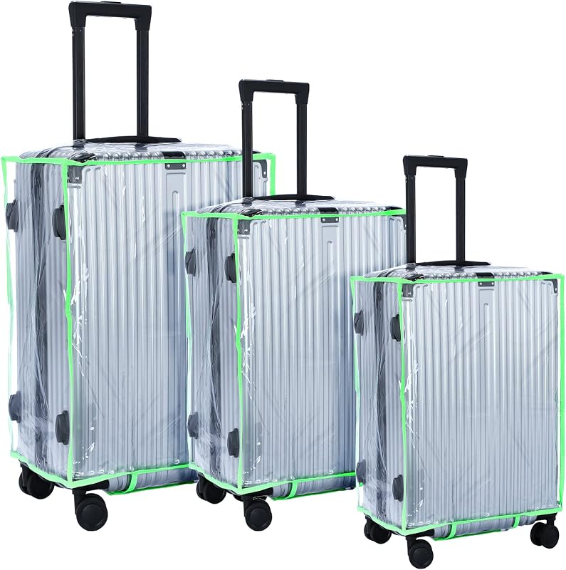 Sadnyy 3 Pieces Clear Luggage Cover PVC Suitcase Luggage Protector for 20" 24" 28" Luggage Waterproof Cover(Fluorescent Green Border,Regular Style)