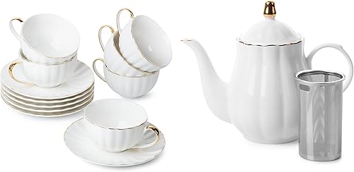 BTaT- Juego de tazas y platillos de té, juego de 6 (7 onzas) con ribete dorado y caja de regalo y tetera de porcelana con infusor de acero